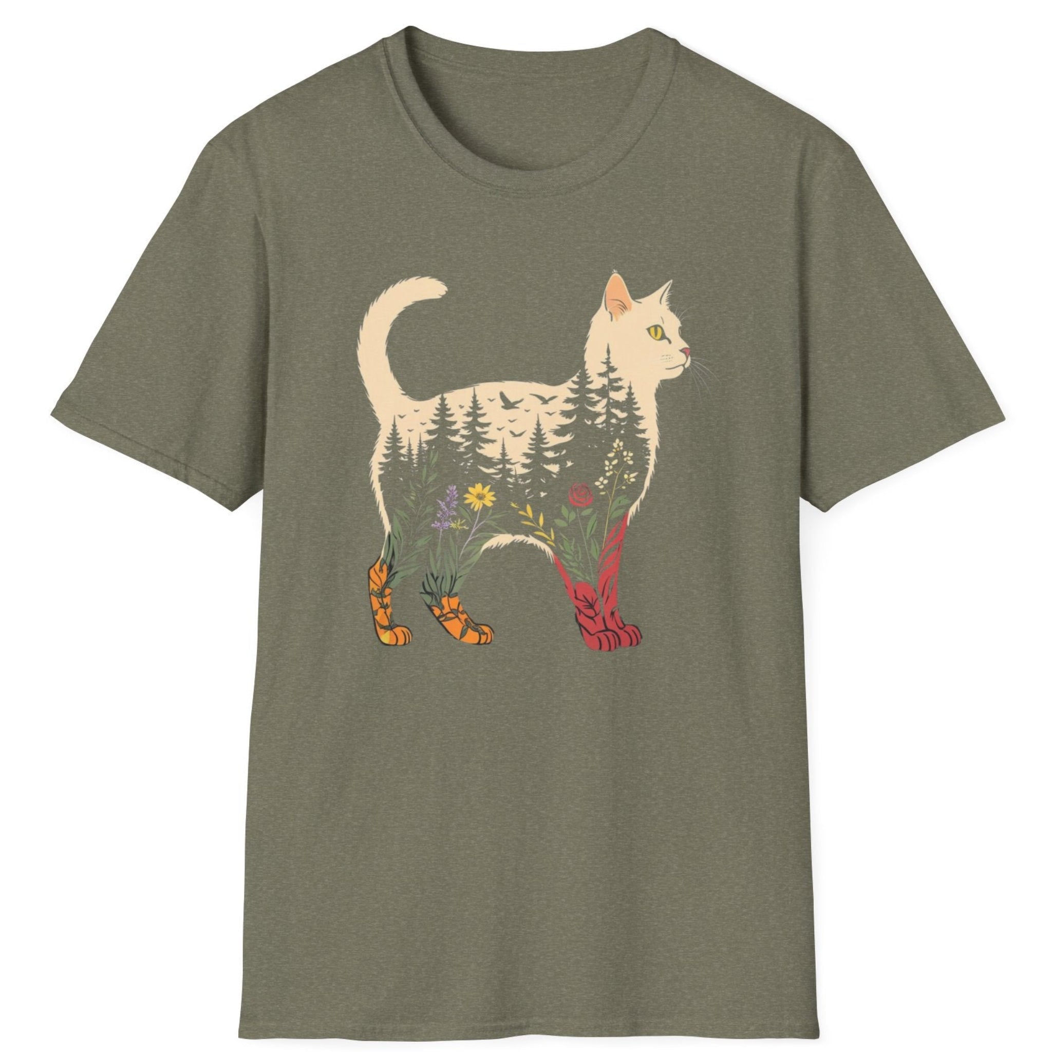 Green t-shirt with a cat and nature graphic on a white background