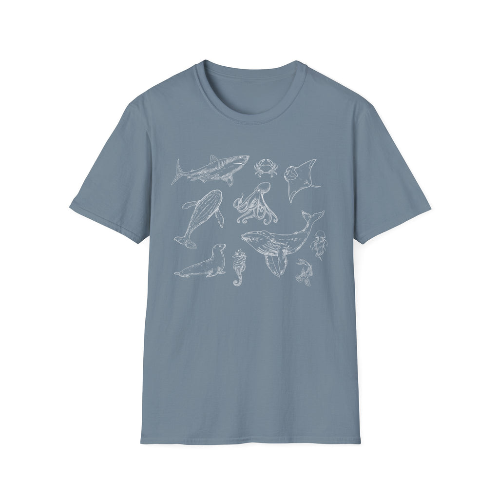 Marine Life Sketch T-Shirt — Minimal Ocean Creatures Illustration