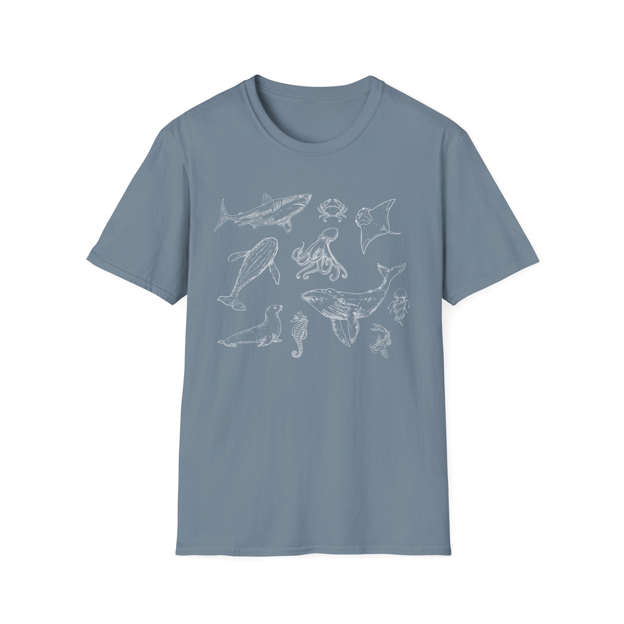 Marine Life Sketch T-Shirt — Minimal Ocean Creatures Illustration