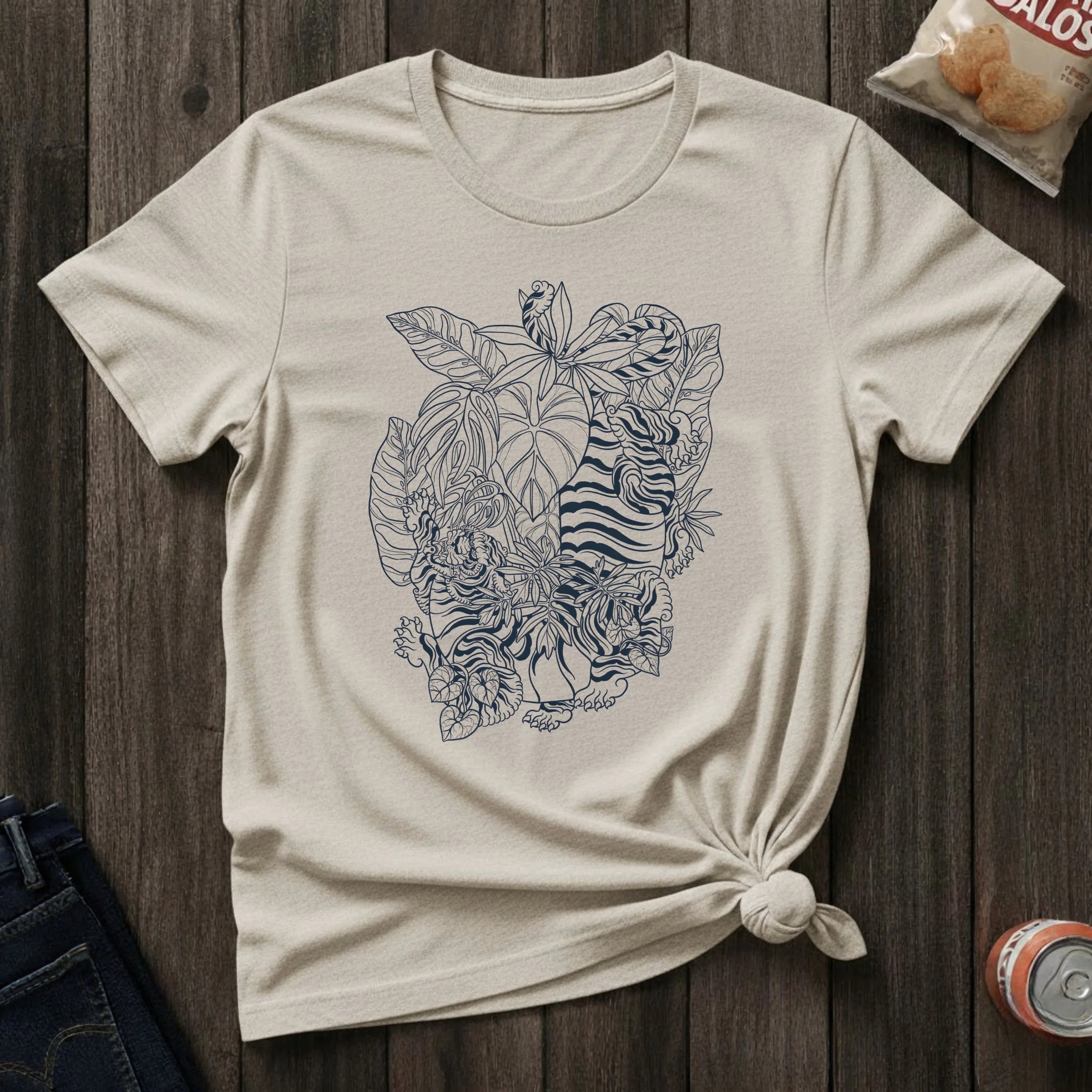 Tiger Floral Sketch T-Shirt — Botanical Line Art Tiger Tee