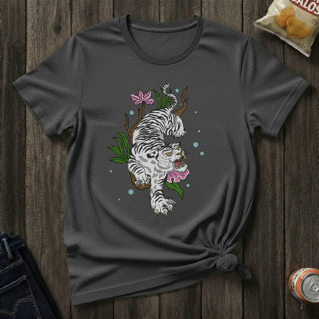 White T-Shirt with Floral White Tiger Illustration