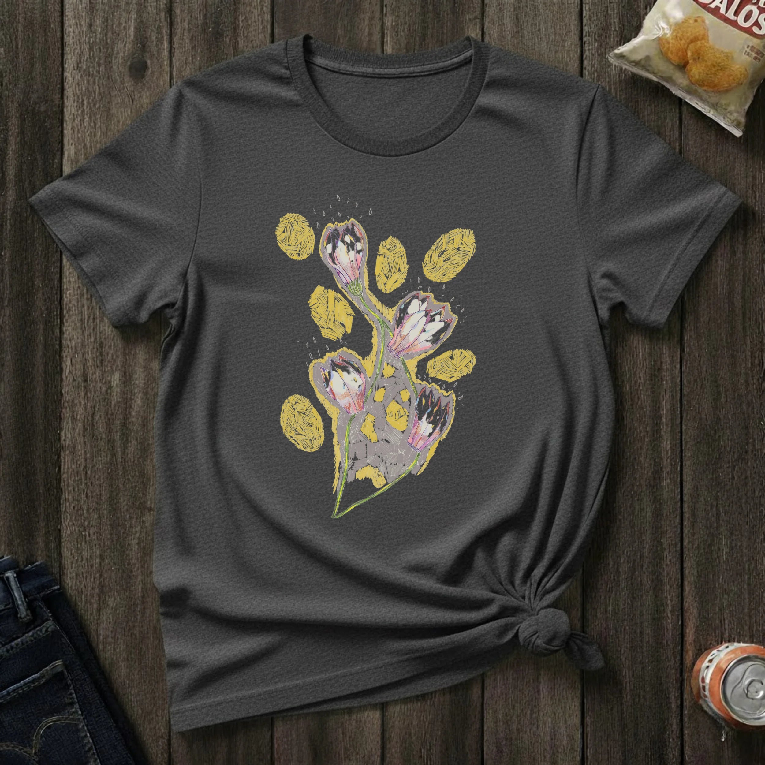 Floral Bouquet Tee — Pastel Tulip & Gold Leaf Graphic T-Shirt
