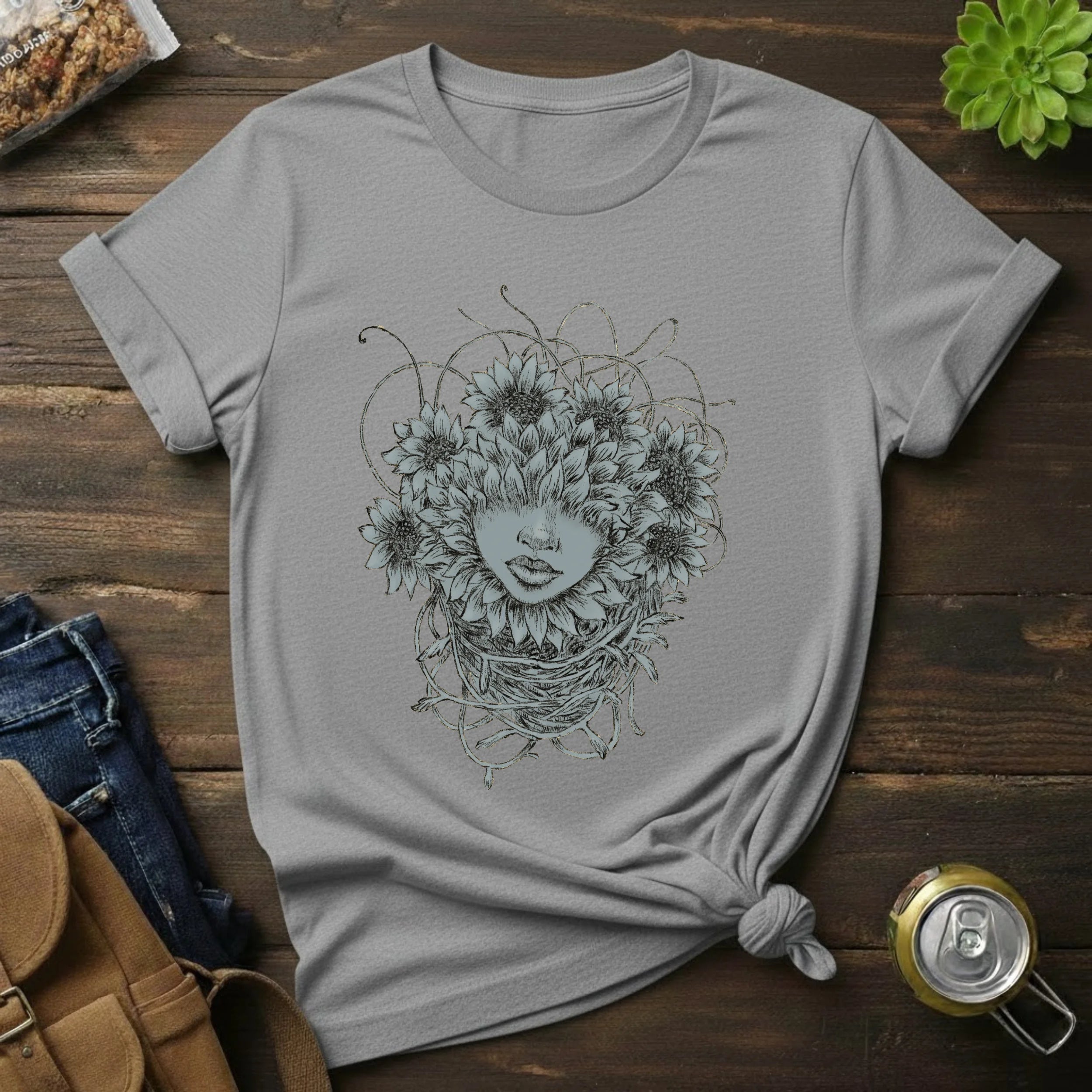 Floral Face Art T-Shirt — Botanical Woman Graphic Tee