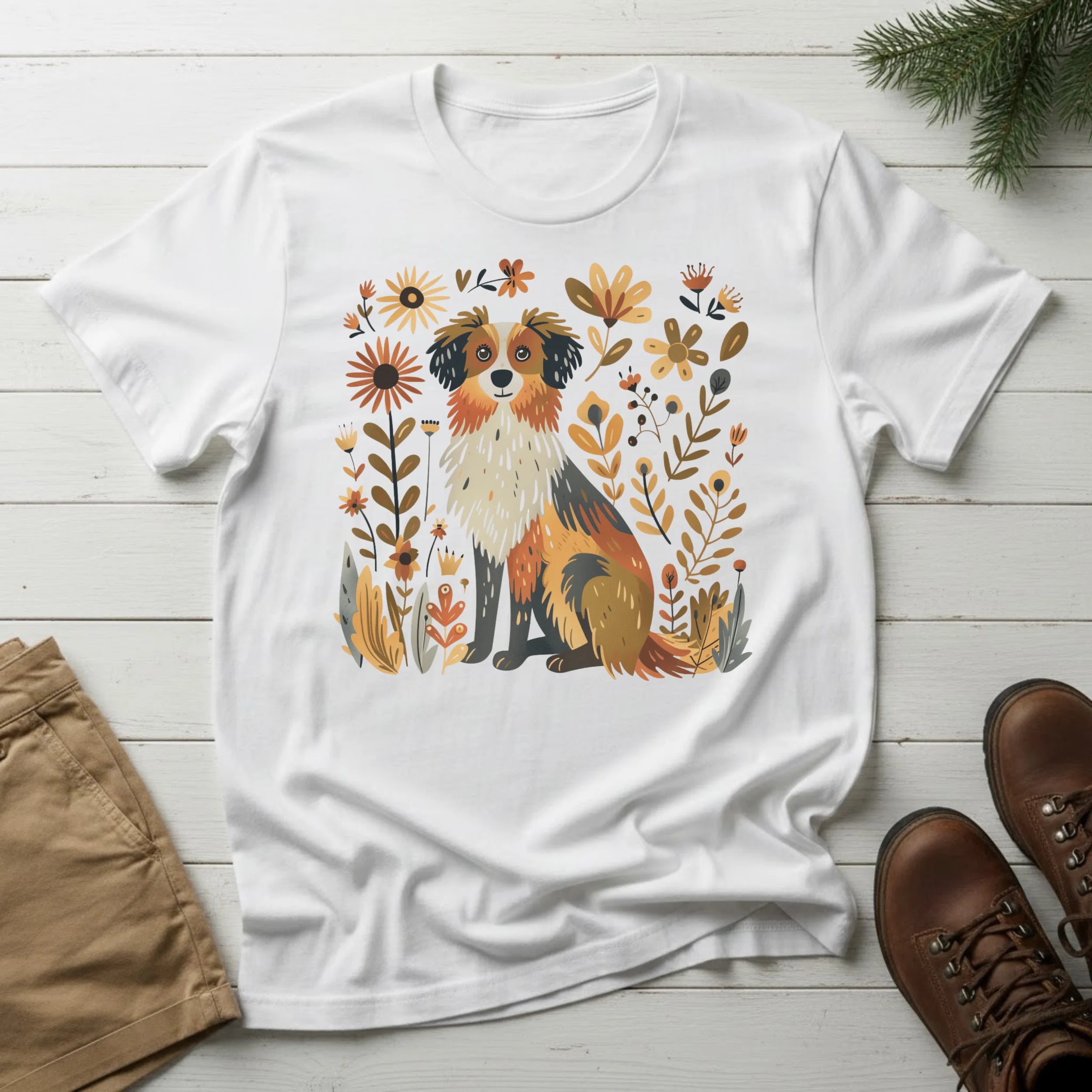 Collie Floral T-Shirt — Whimsical Dog Art Tee for Pet Lovers
