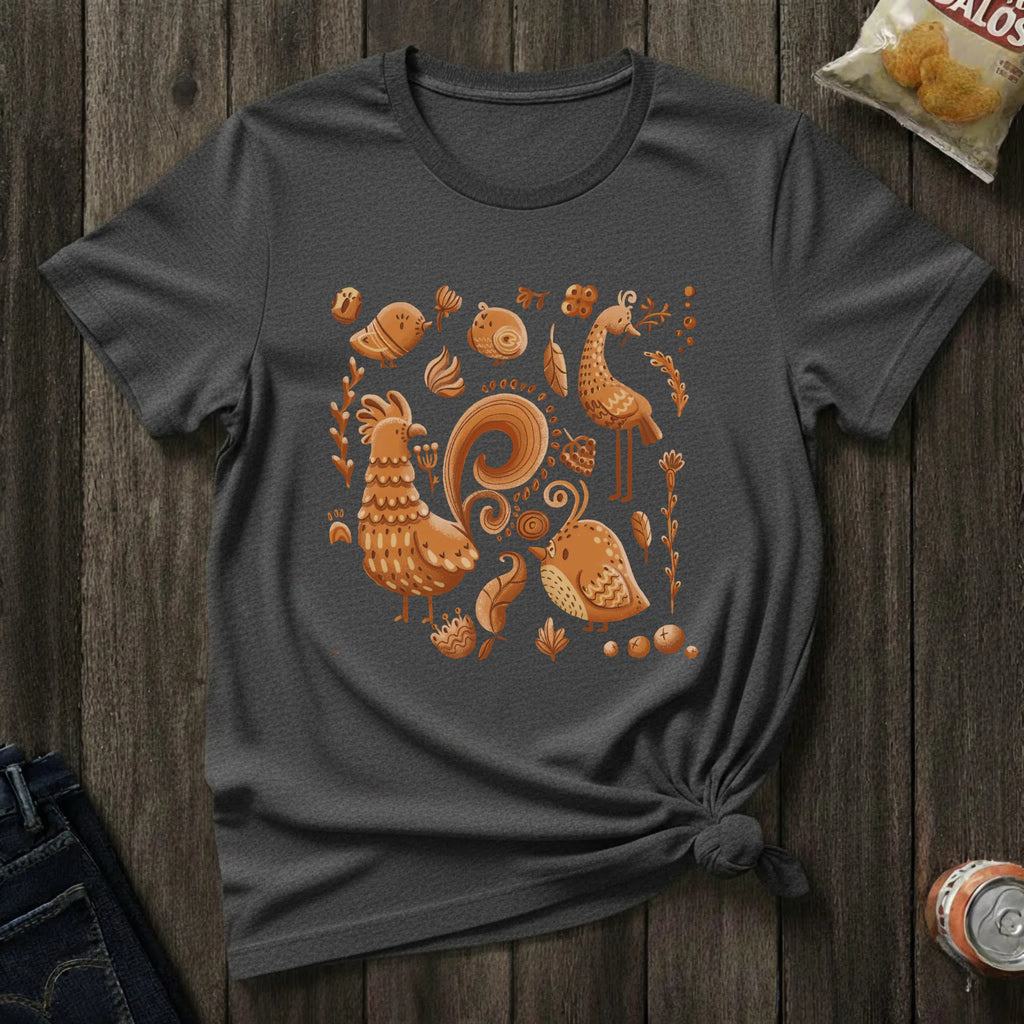 Rust Folk Birds T-Shirt — Autumn Harvest Rooster Graphic Tee