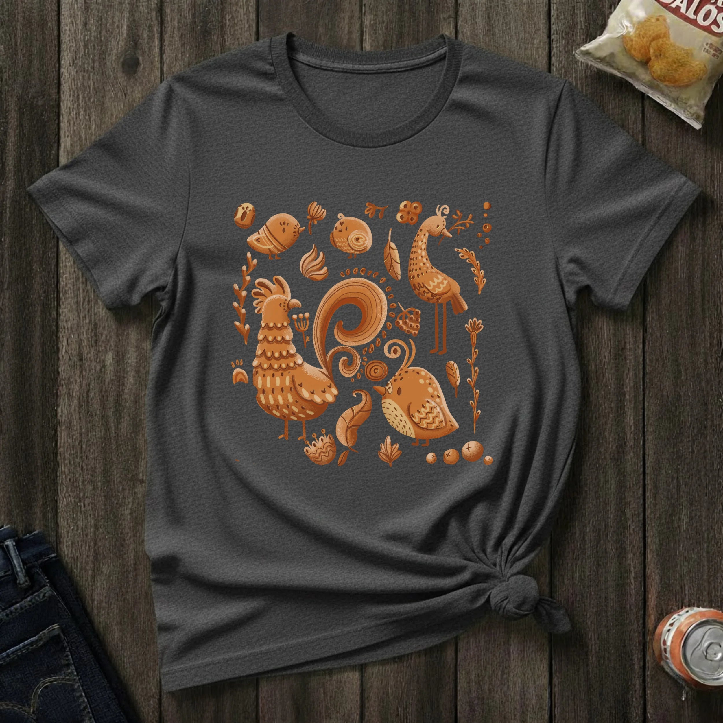 Rust Folk Birds T-Shirt — Autumn Harvest Rooster Graphic Tee