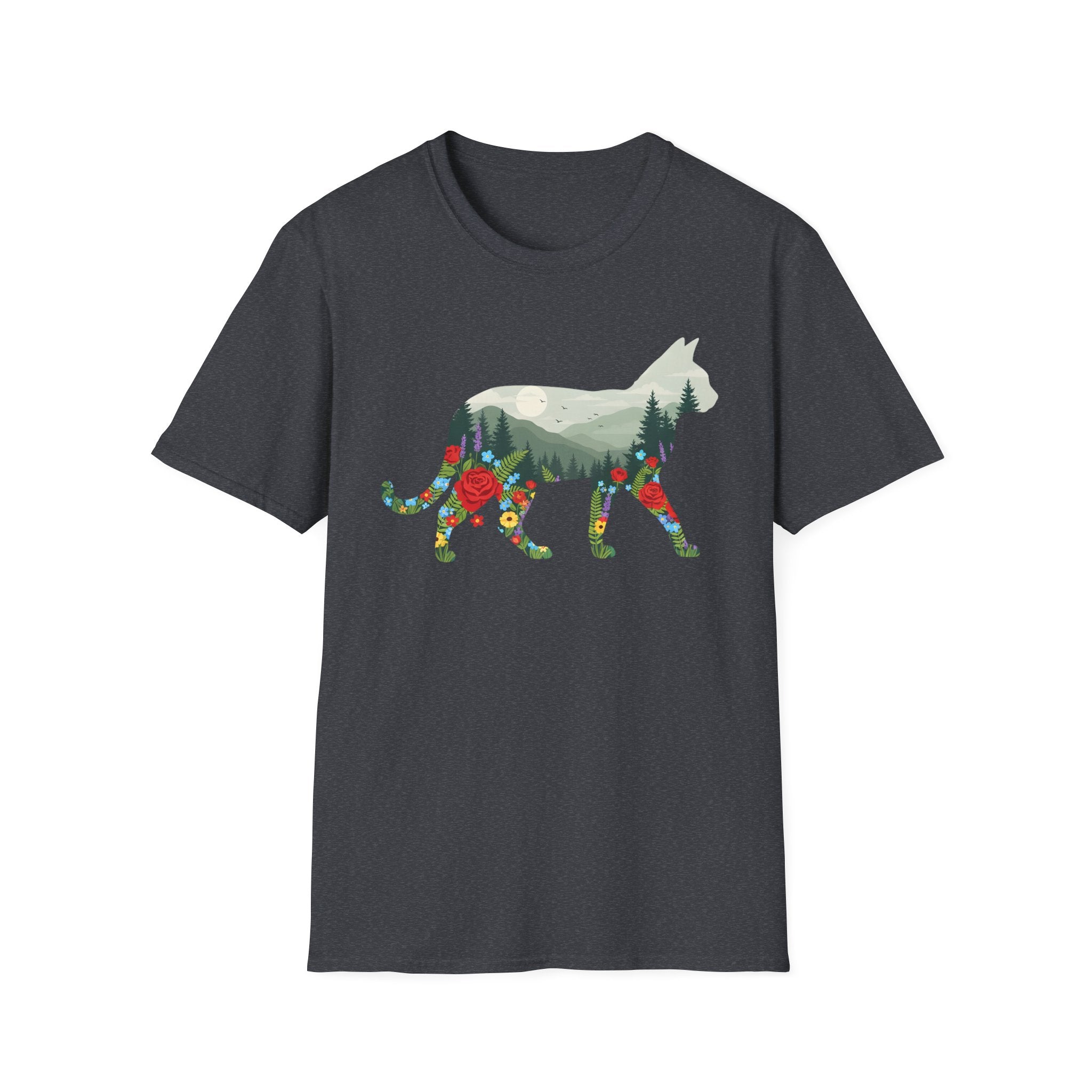 Cat Nature Silhouette T-Shirt — Floral Mountain Landscape Cat Tee