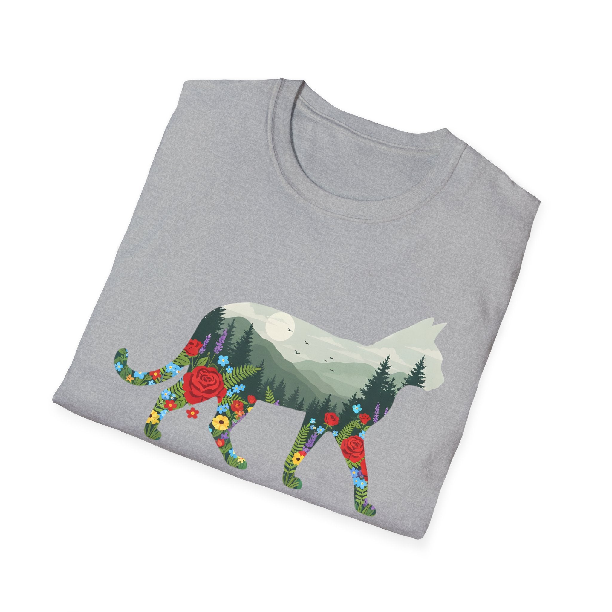 Cat Nature Silhouette T-Shirt — Floral Mountain Landscape Cat Tee