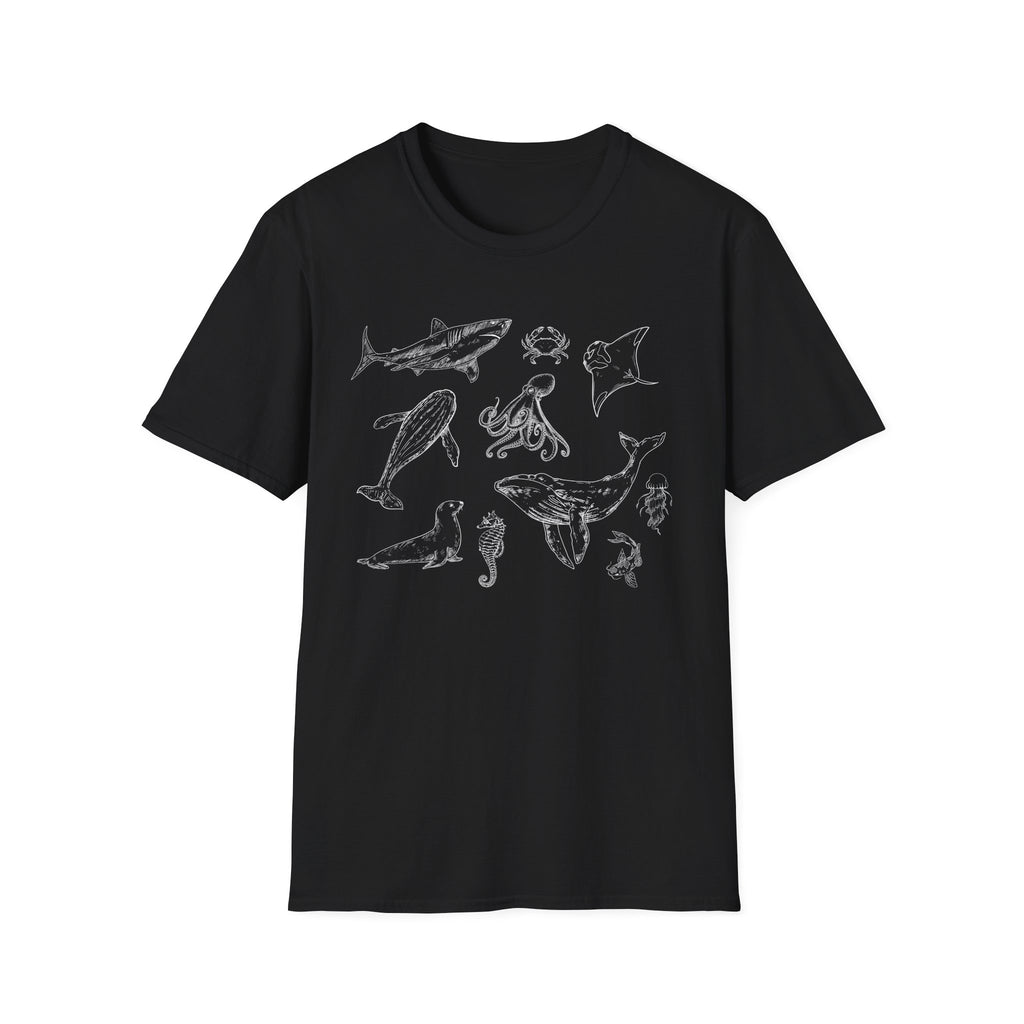 Marine Life Sketch T-Shirt — Minimal Ocean Creatures Illustration