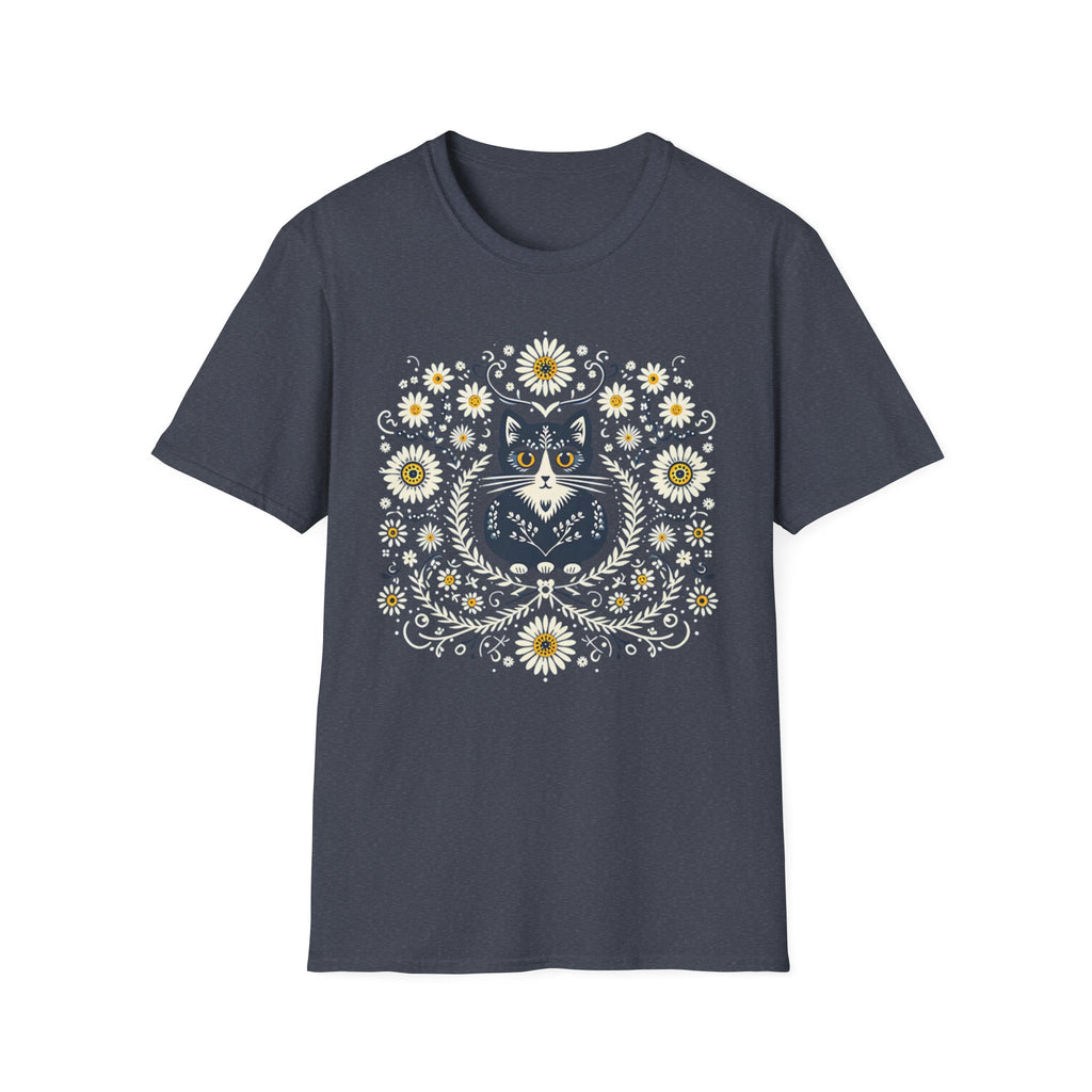 Cat Floral T-Shirt — Folk Art Kitty with Daisies