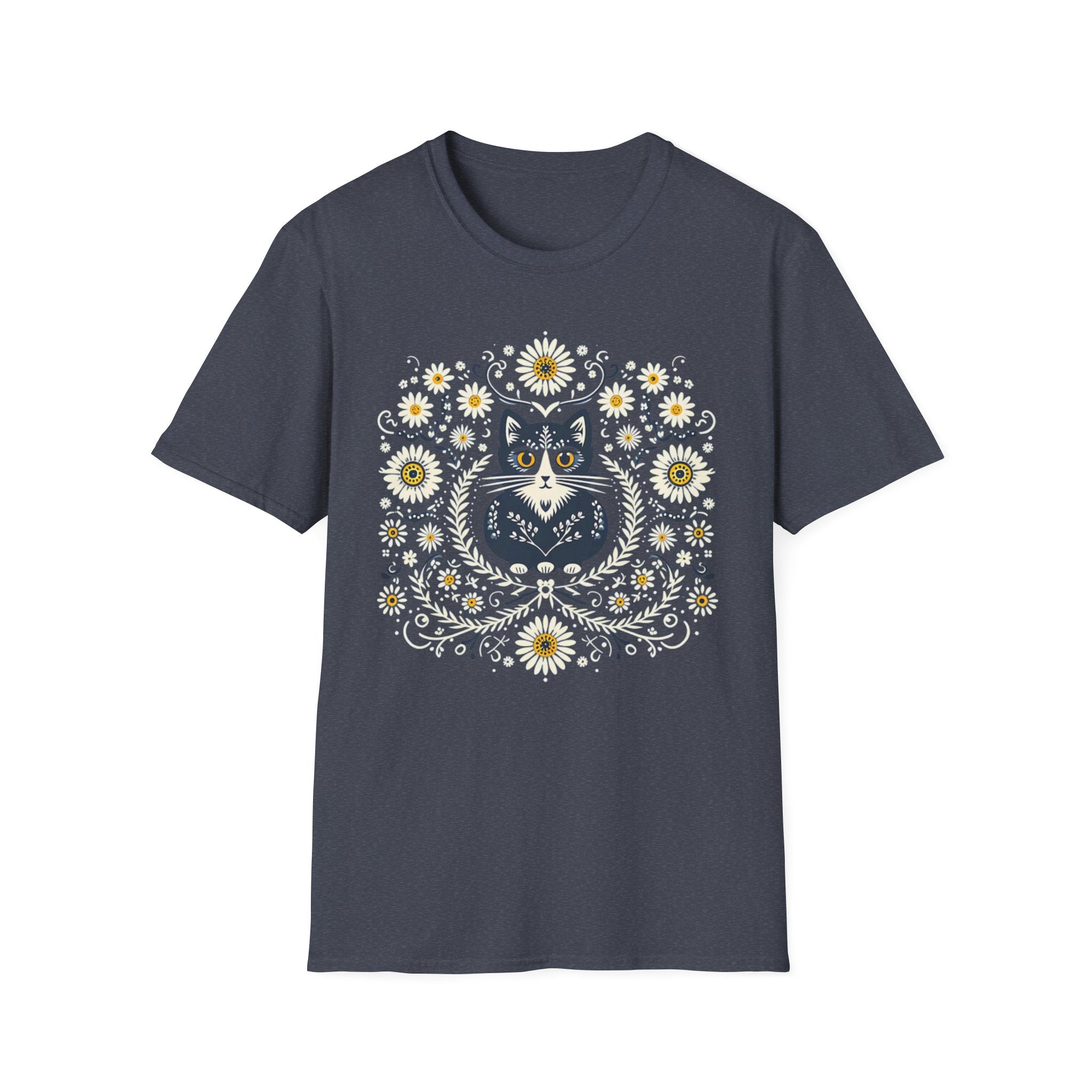 Cat Floral T-Shirt — Folk Art Kitty with Daisies