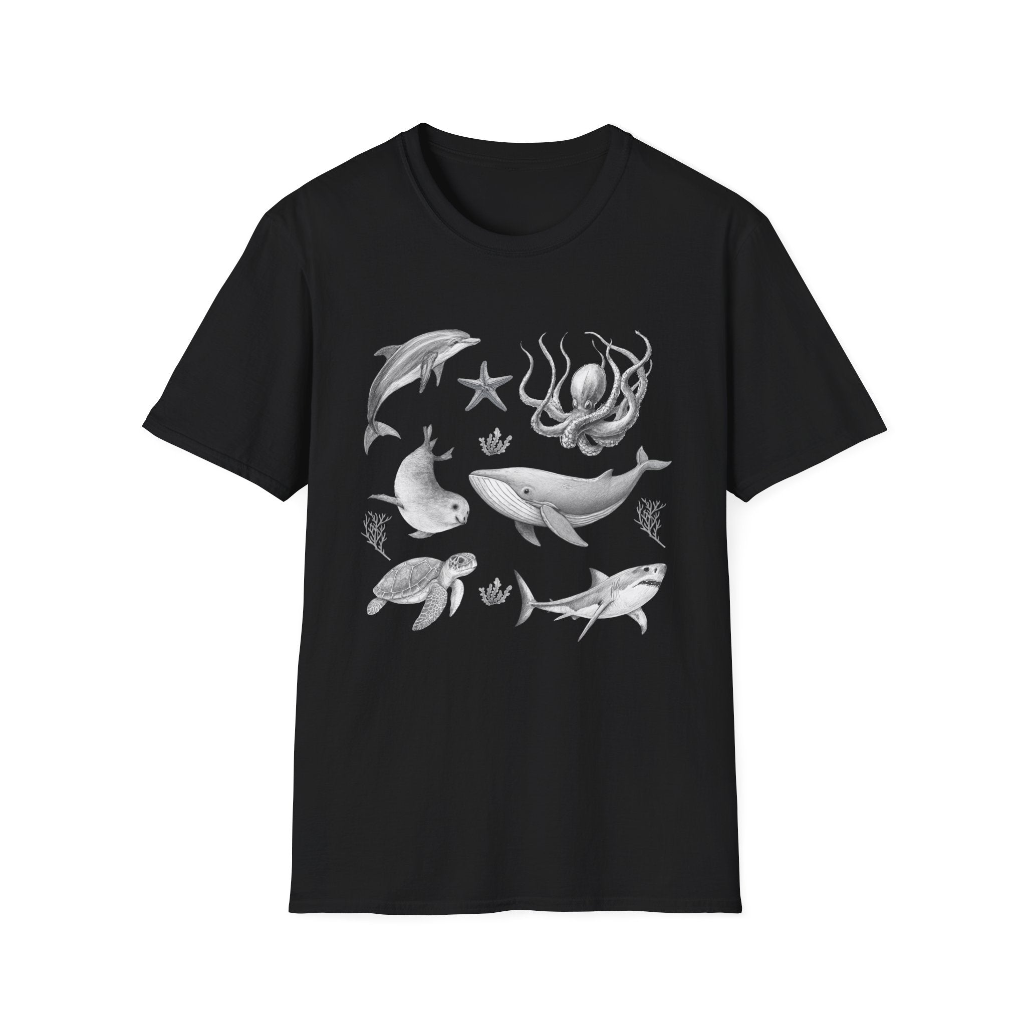 Ocean Wildlife T-Shirt — Monochrome Marine Life Design