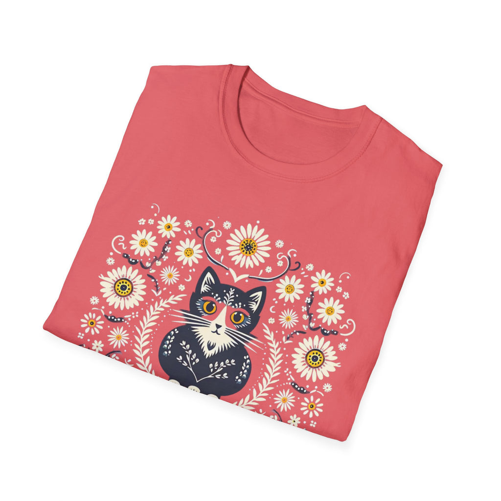 Cat Floral T-Shirt — Folk Art Kitty with Daisies