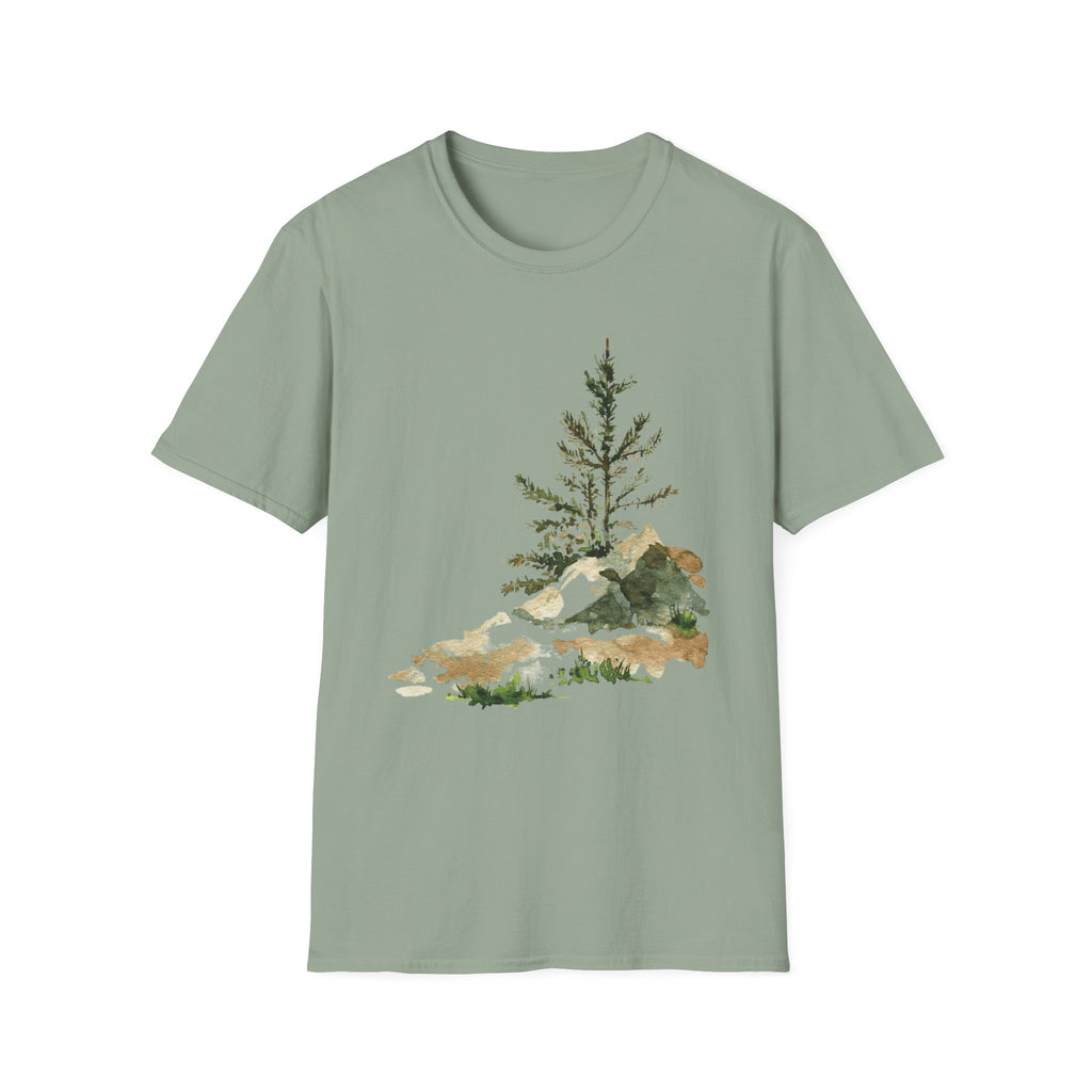 Nature Mountain T-Shirt — Watercolor Pine Tree Landscape