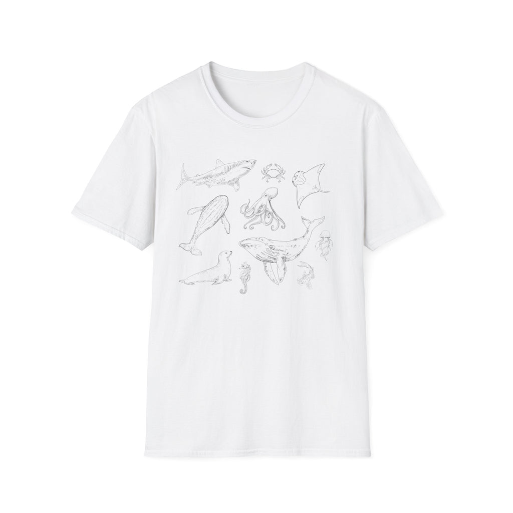 Marine Life Sketch T-Shirt — Minimal Ocean Creatures Illustration