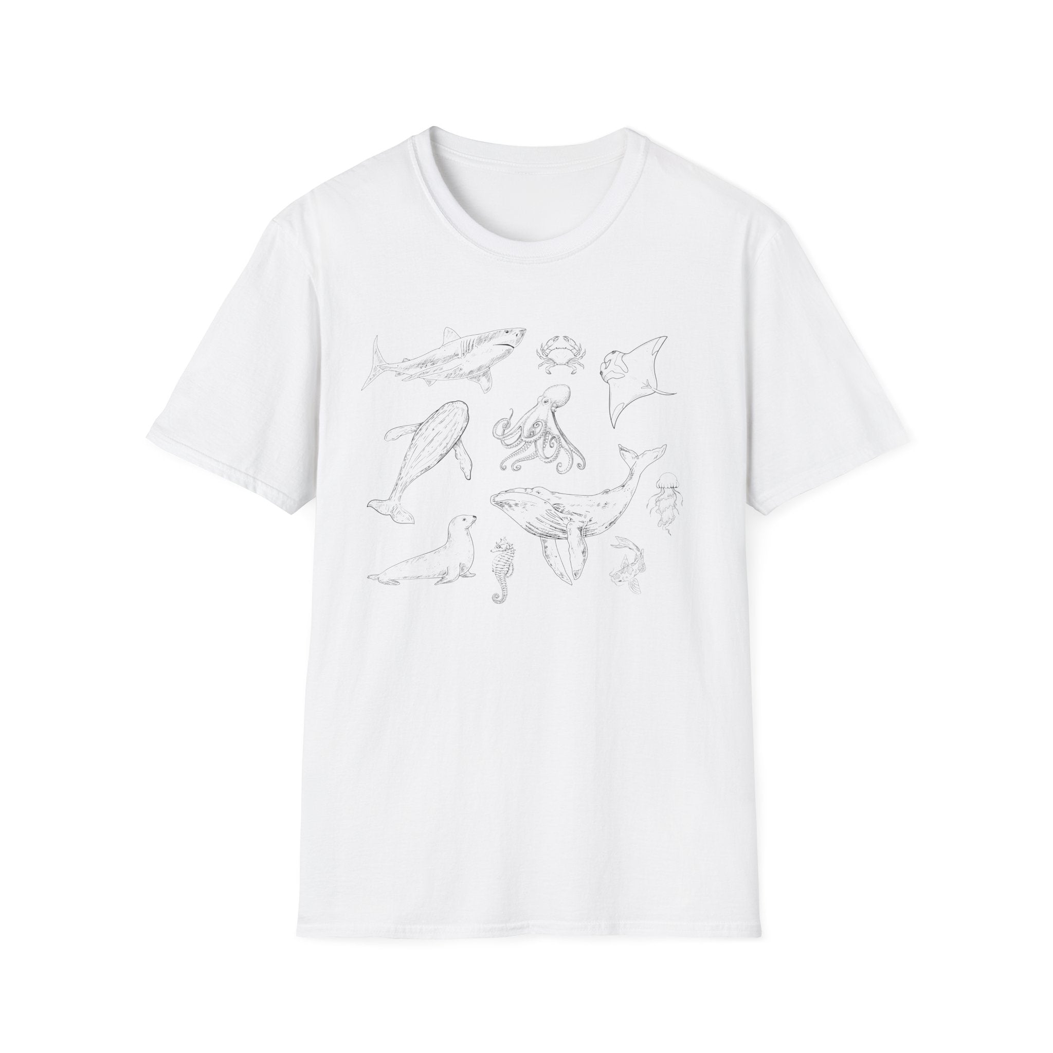 Marine Life Sketch T-Shirt — Minimal Ocean Creatures Illustration