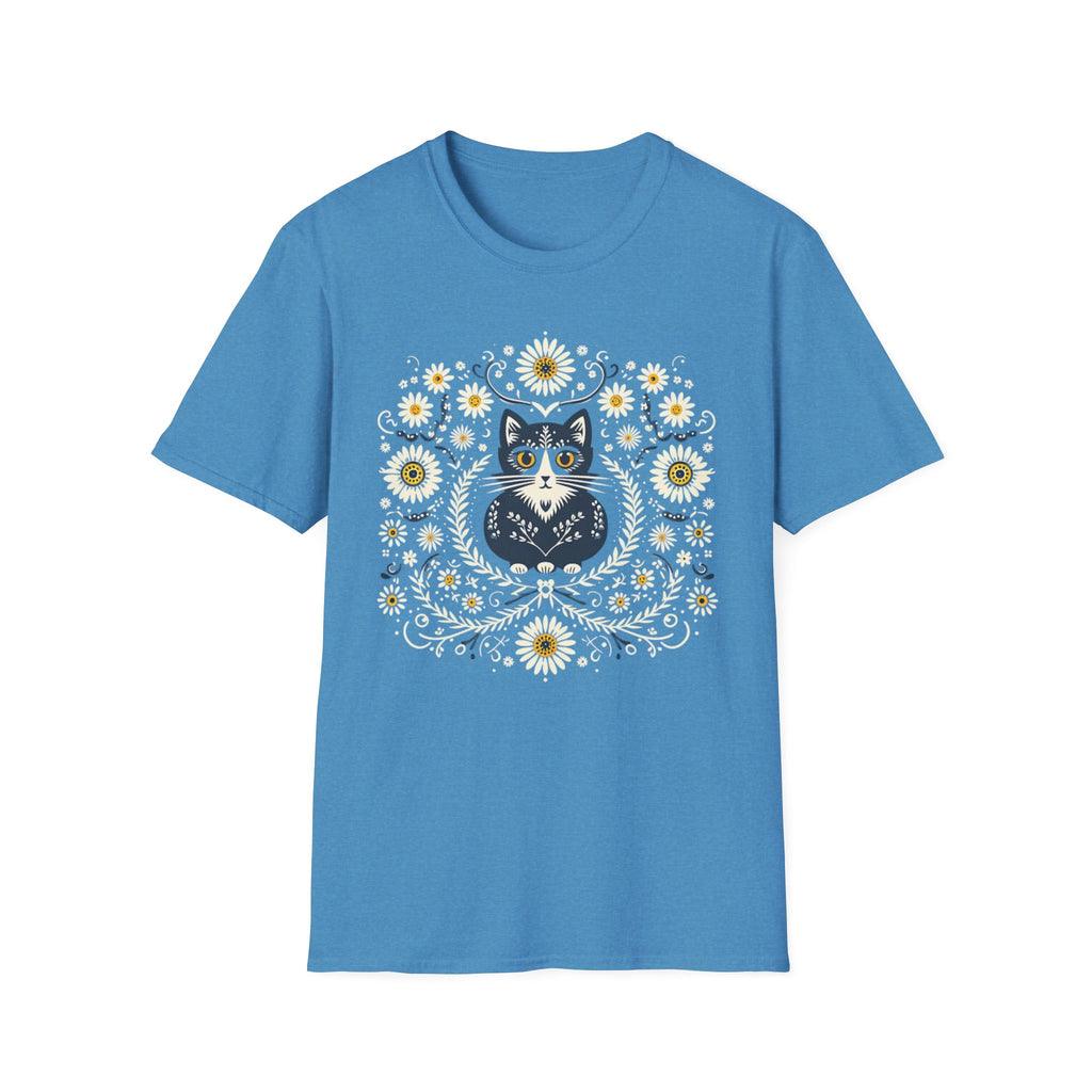 Cat Floral T-Shirt — Folk Art Kitty with Daisies