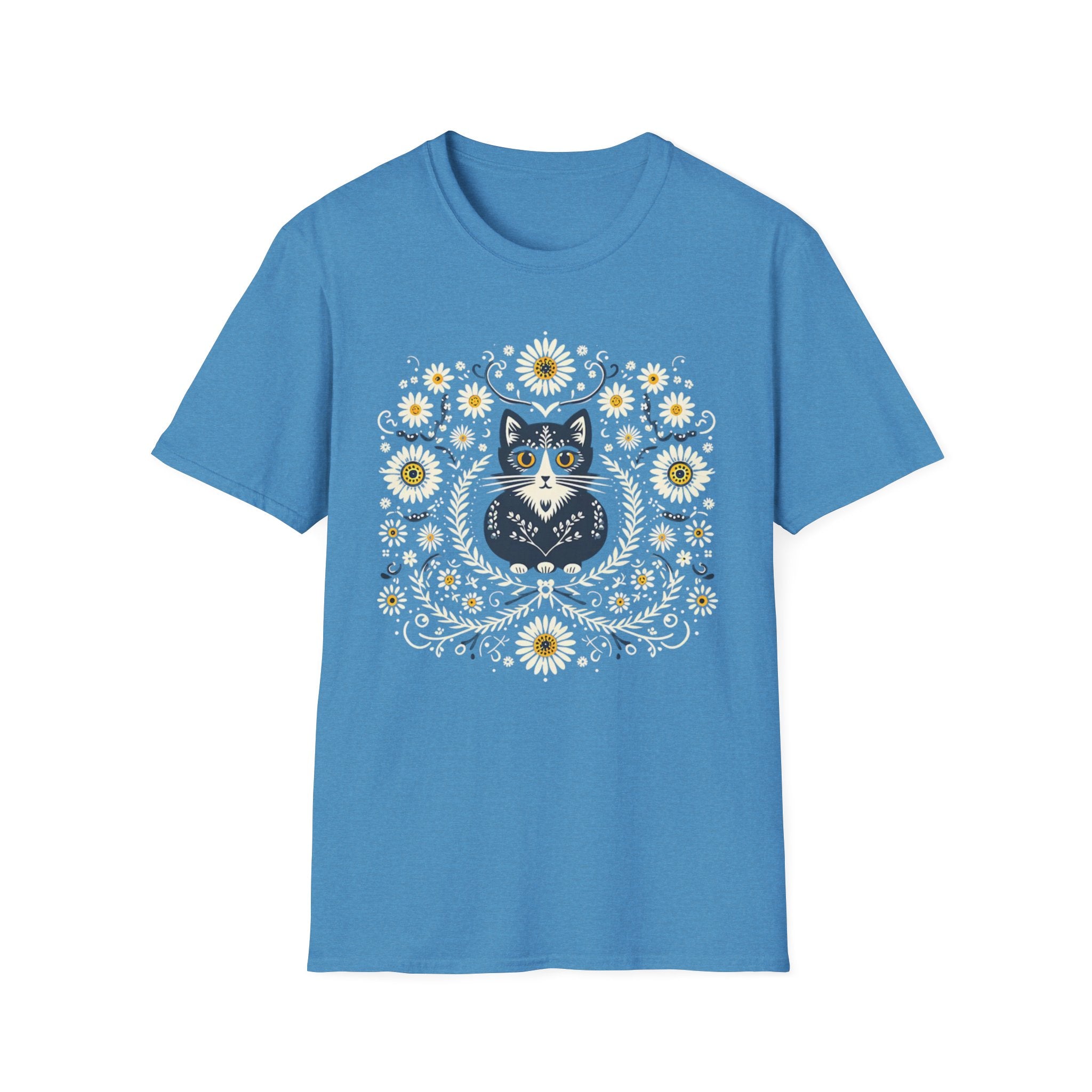Cat Floral T-Shirt — Folk Art Kitty with Daisies