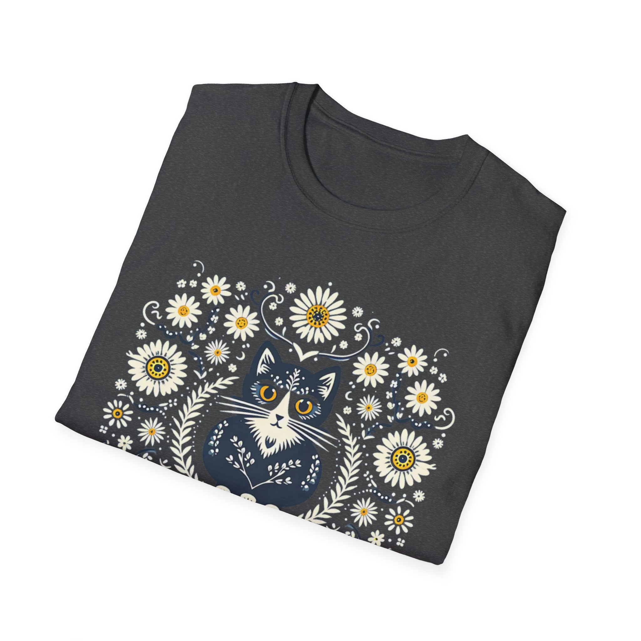 Cat Floral T-Shirt — Folk Art Kitty with Daisies