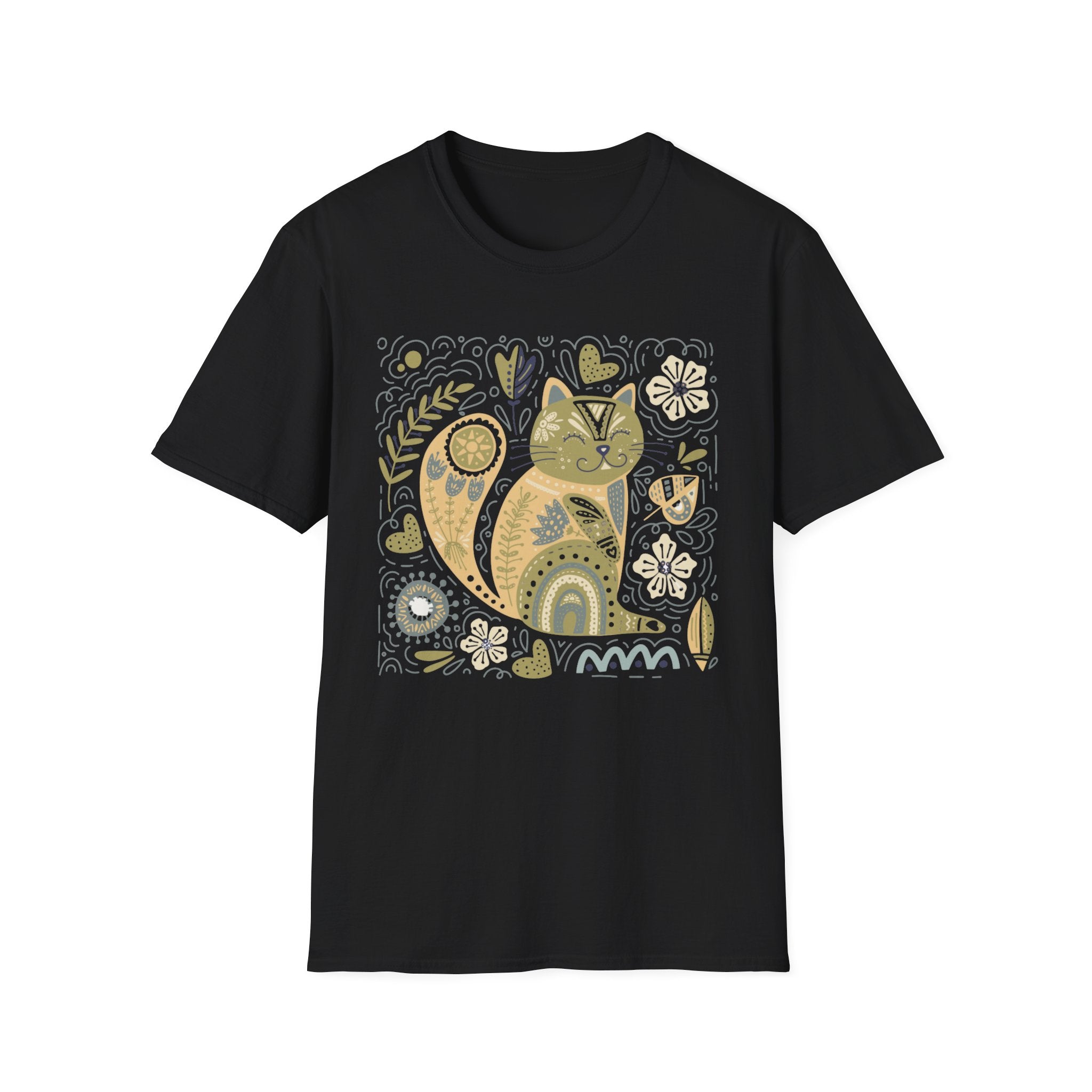 Folk Art Cat T-Shirt — Whimsical Floral Kitty Tee