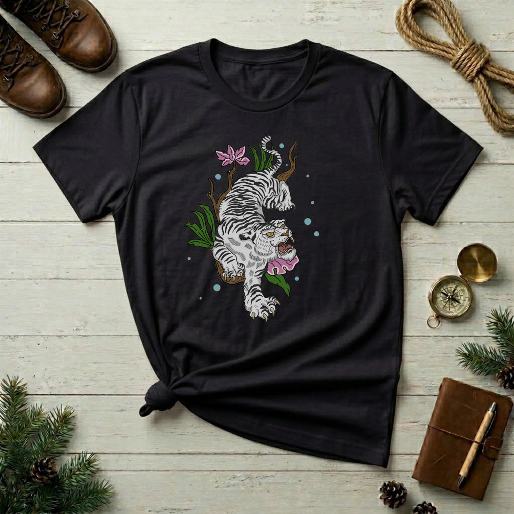 White T-Shirt with Floral White Tiger Illustration