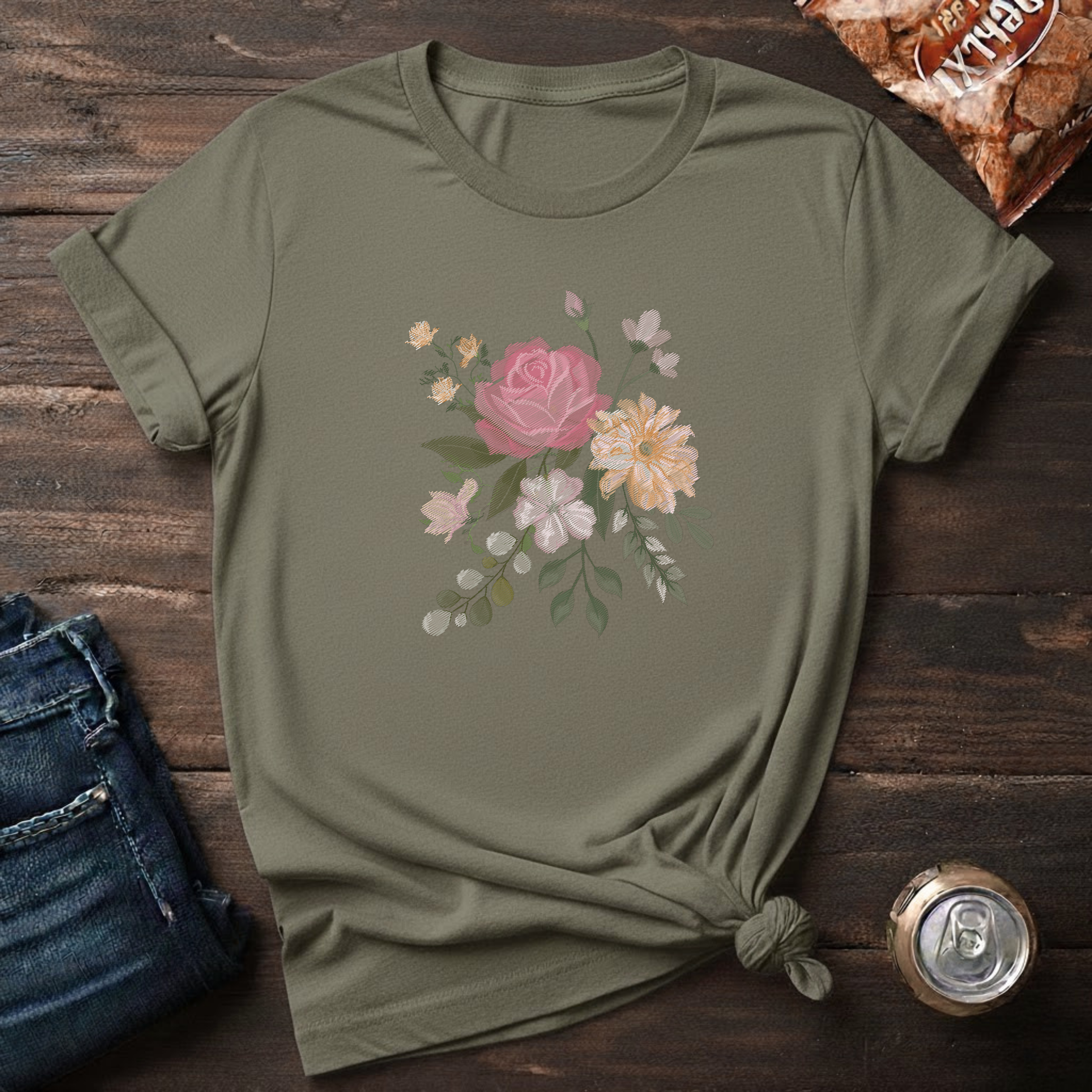 Floral Watercolor Bouquet T-Shirt — Soft Vintage Rose Graphic Tee