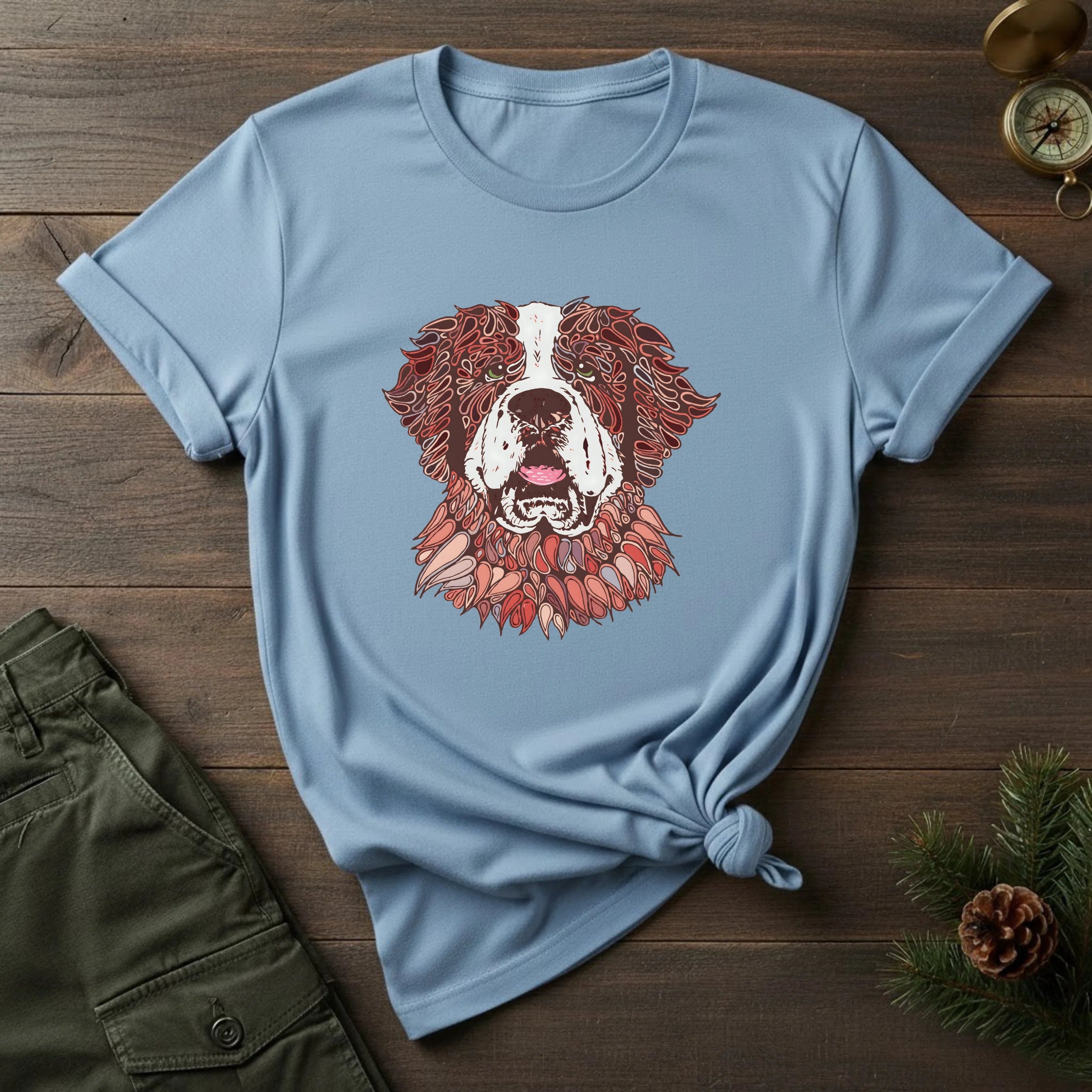 Saint Bernard Floral Portrait T-Shirt — Rustic Dog Lover Tee