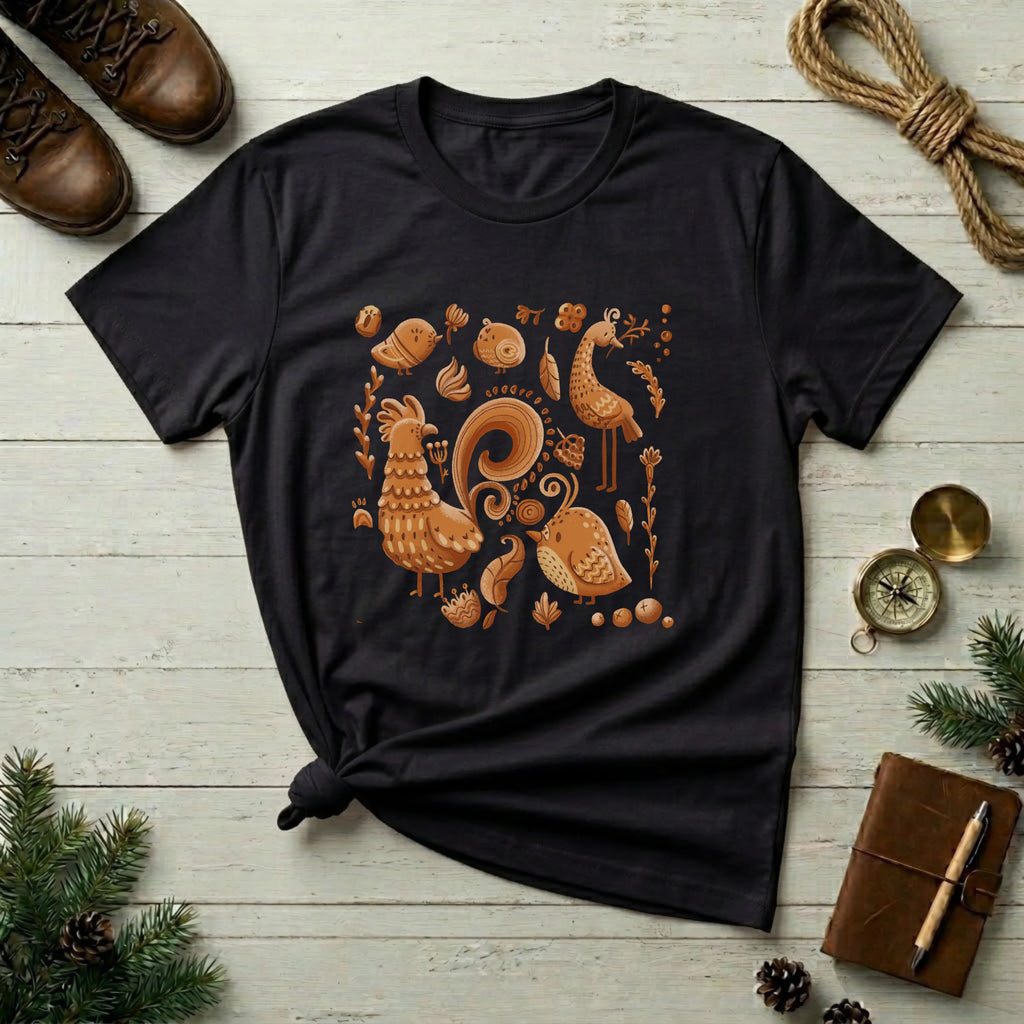 Rust Folk Birds T-Shirt — Autumn Harvest Rooster Graphic Tee
