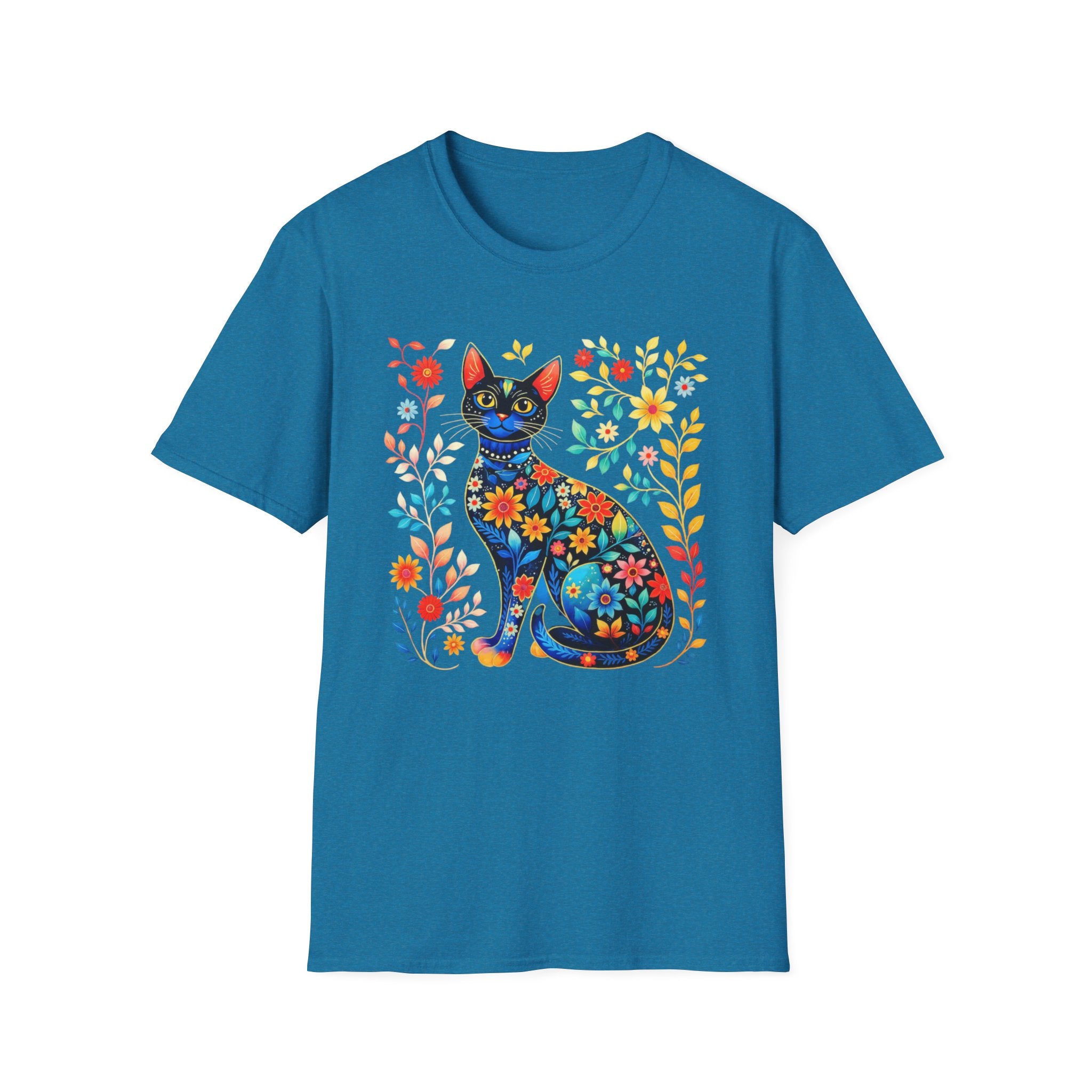 Floral Folk Art Cat T-Shirt — Colorful Boho Cat Tee