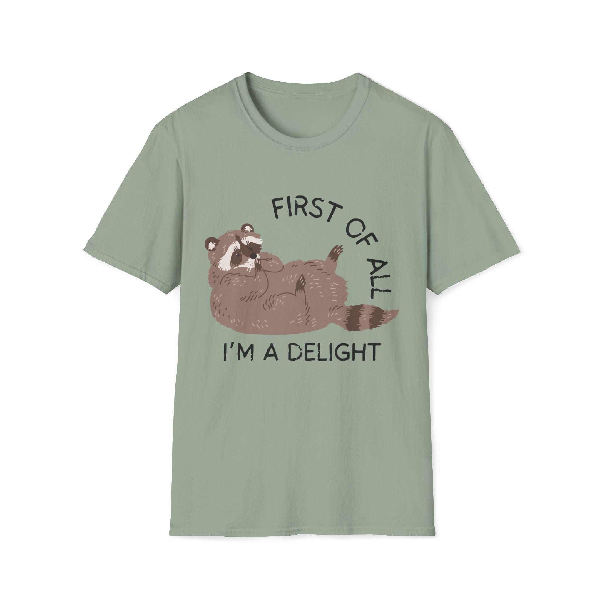 Cute Raccoon Tee — "First Of All, I'm A Delight" Graphic T-Shirt