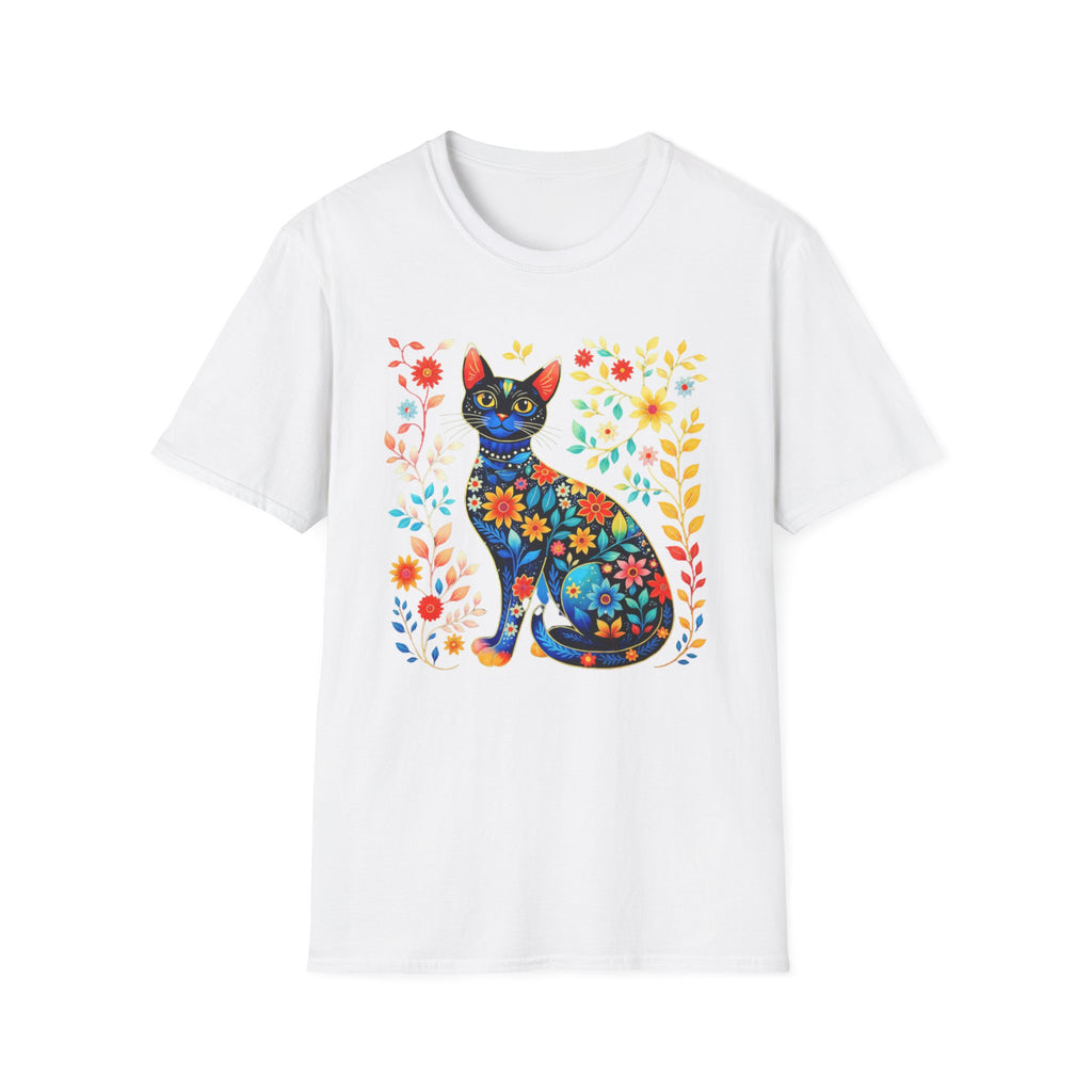 Floral Folk Art Cat T-Shirt — Colorful Boho Cat Tee