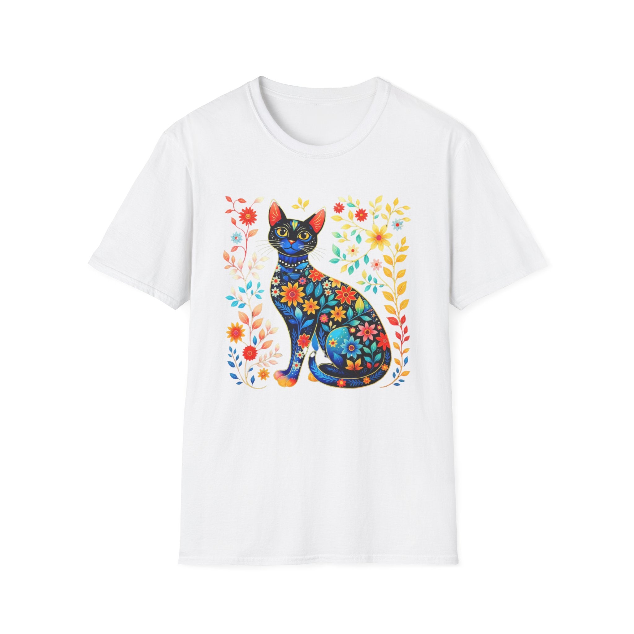 Floral Folk Art Cat T-Shirt — Colorful Boho Cat Tee