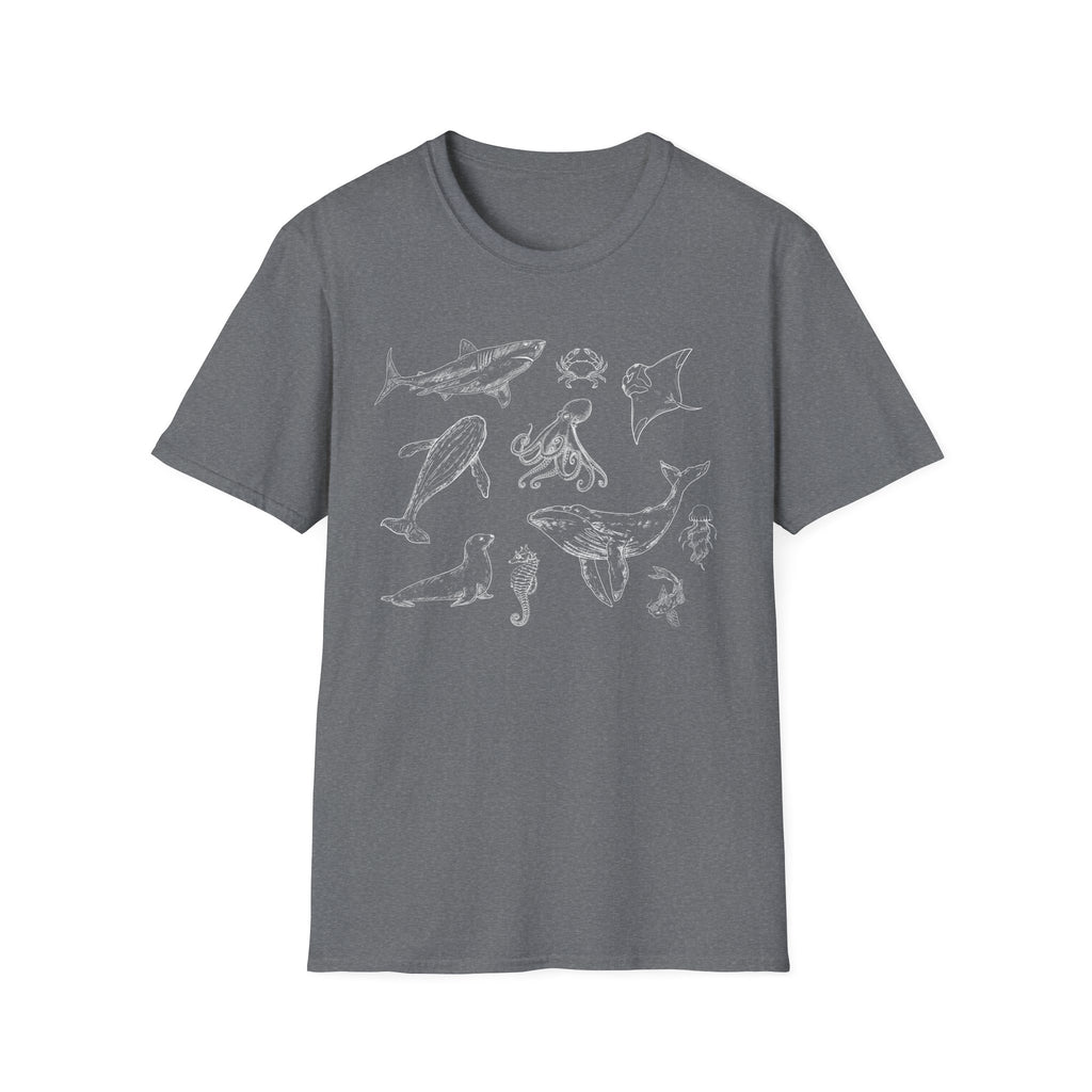 Marine Life Sketch T-Shirt — Minimal Ocean Creatures Illustration