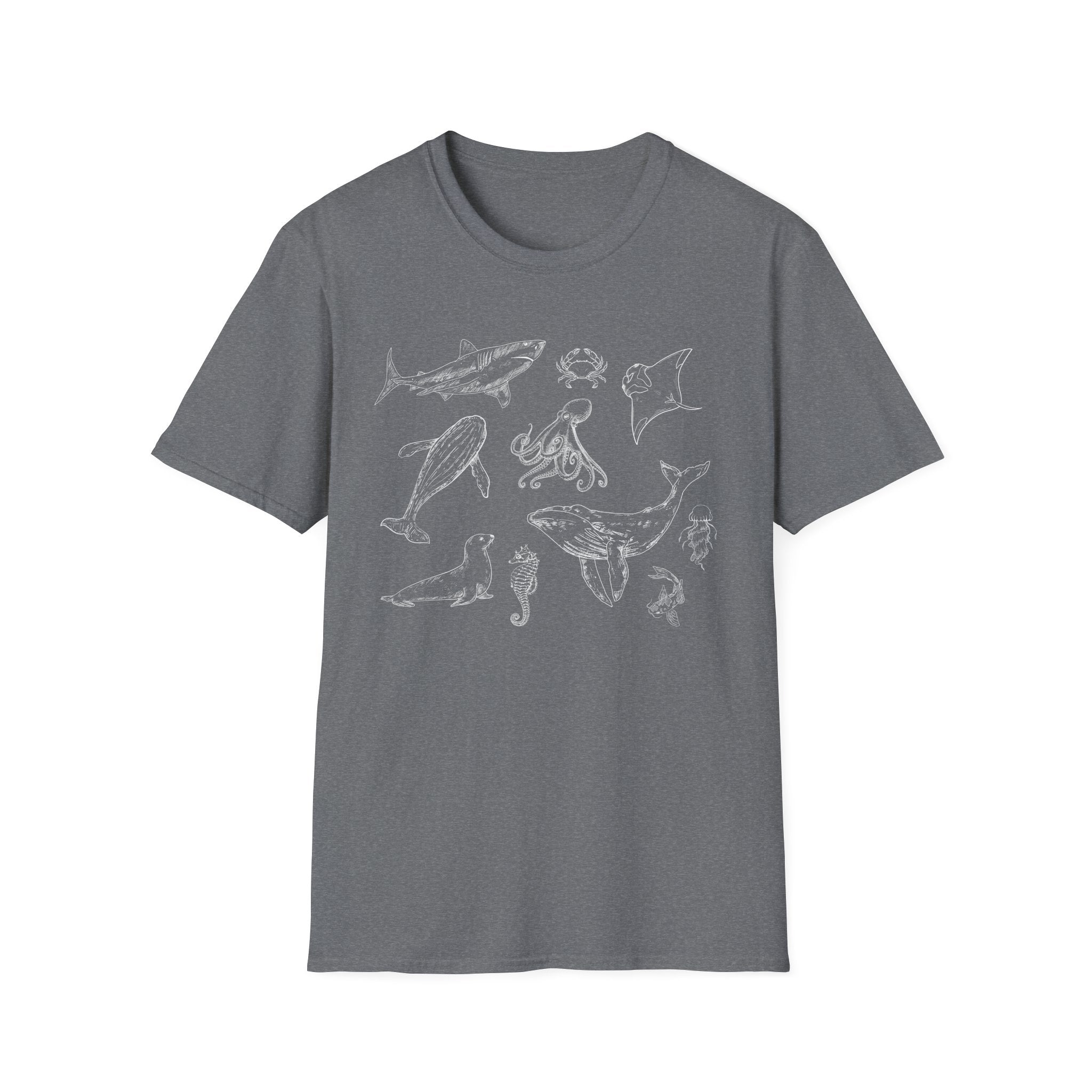 Marine Life Sketch T-Shirt — Minimal Ocean Creatures Illustration