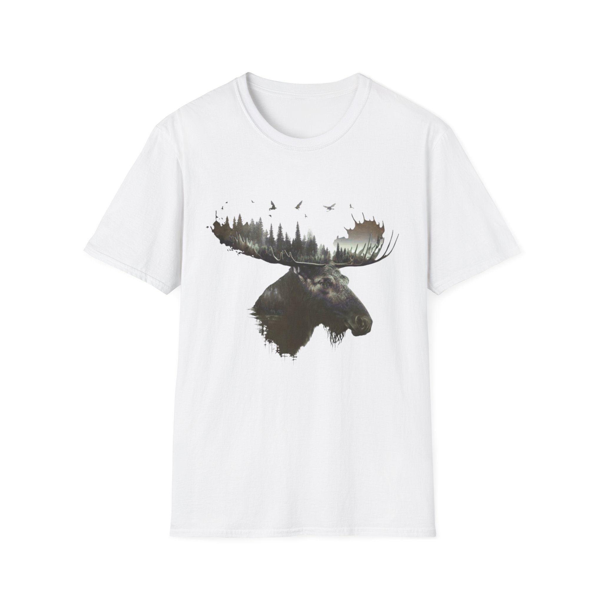 Moose Silhouette T-Shirt — Forest Double-Exposure Wildlife Tee