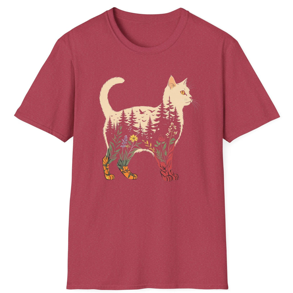 Maroon t-shirt with a cat design featuring nature elements on a white background