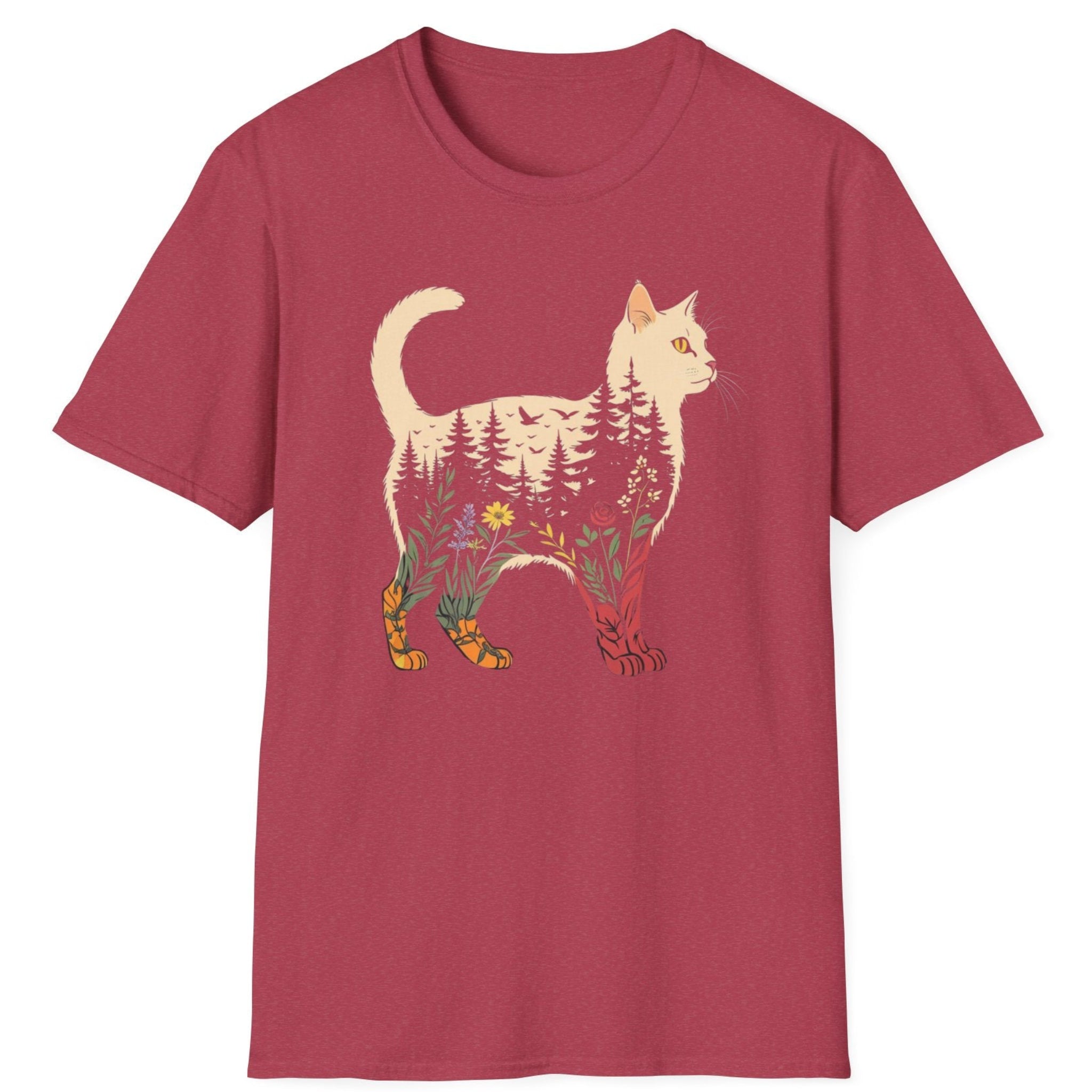Maroon t-shirt with a cat design featuring nature elements on a white background