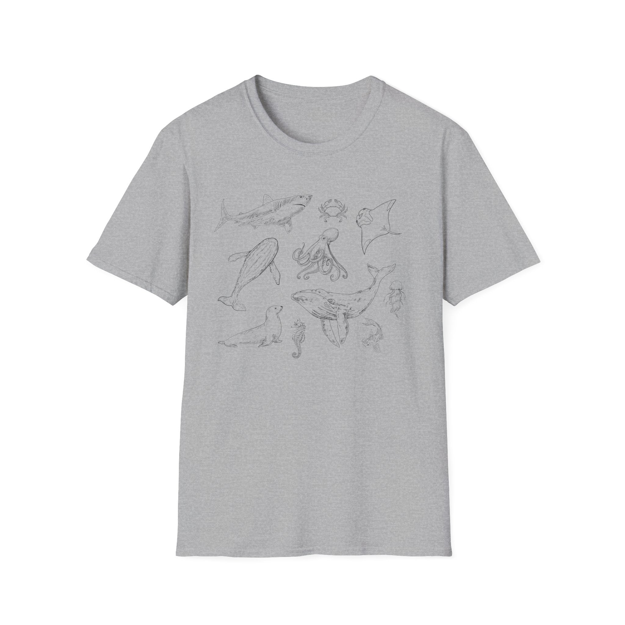 Marine Life Sketch T-Shirt — Minimal Ocean Creatures Illustration