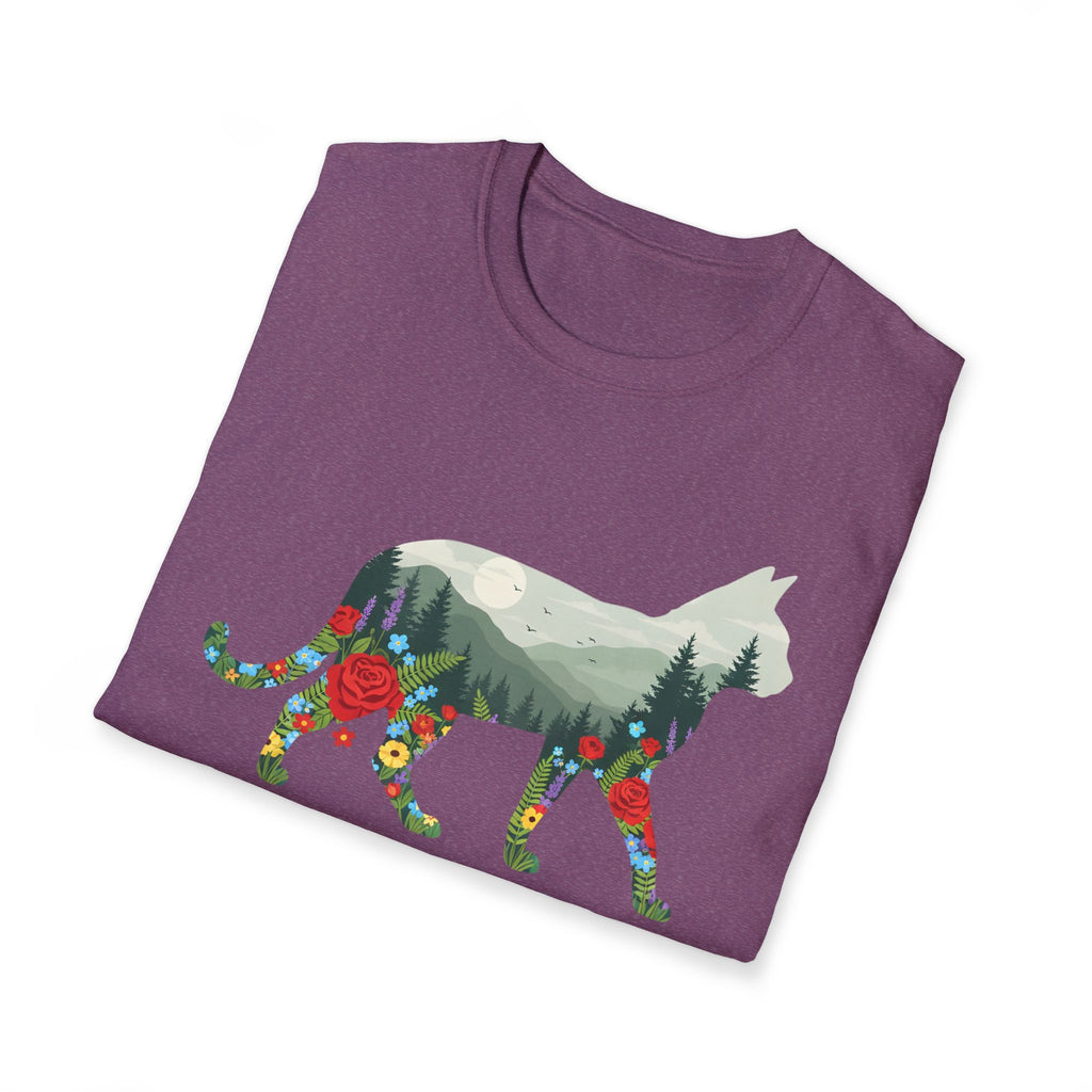 Cat Nature Silhouette T-Shirt — Floral Mountain Landscape Cat Tee