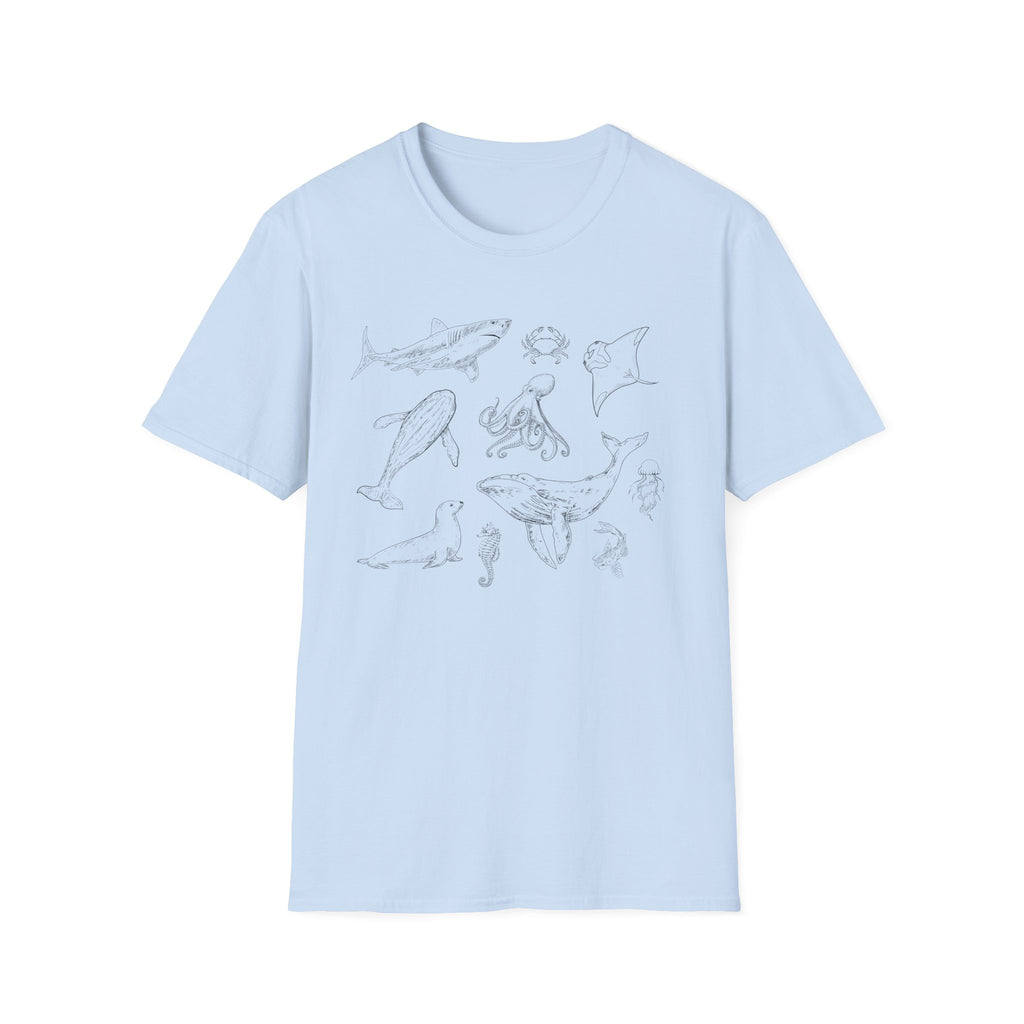 Marine Life Sketch T-Shirt — Minimal Ocean Creatures Illustration