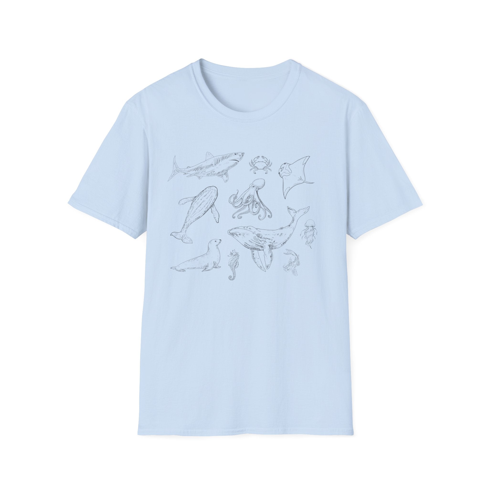 Marine Life Sketch T-Shirt — Minimal Ocean Creatures Illustration