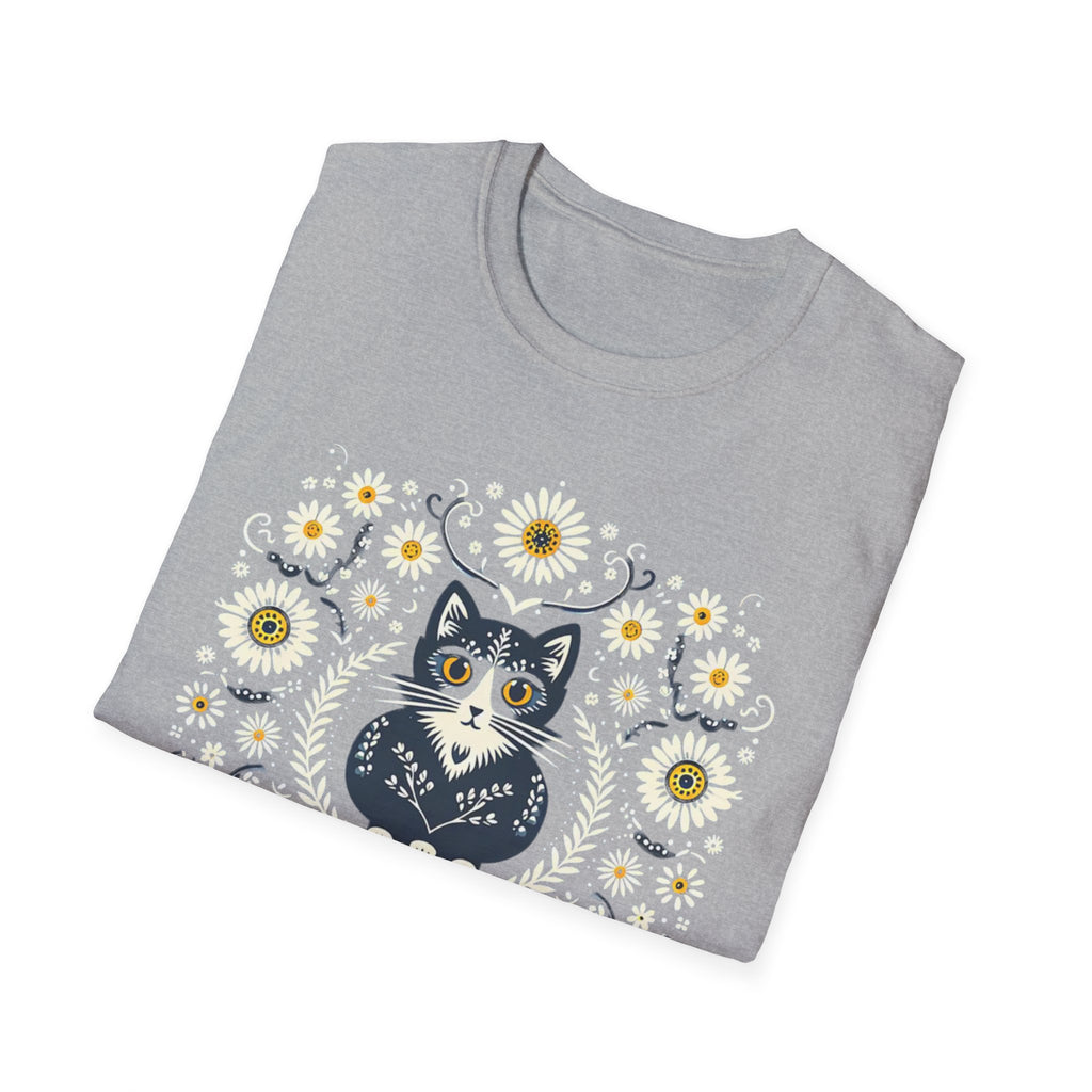 Cat Floral T-Shirt — Folk Art Kitty with Daisies