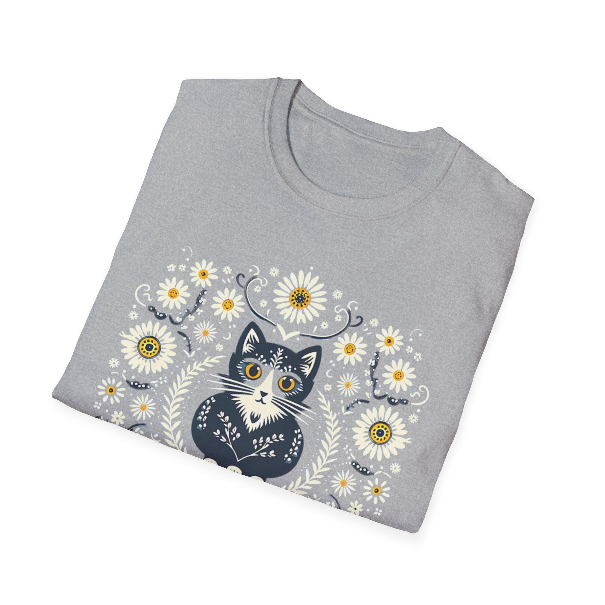 Cat Floral T-Shirt — Folk Art Kitty with Daisies