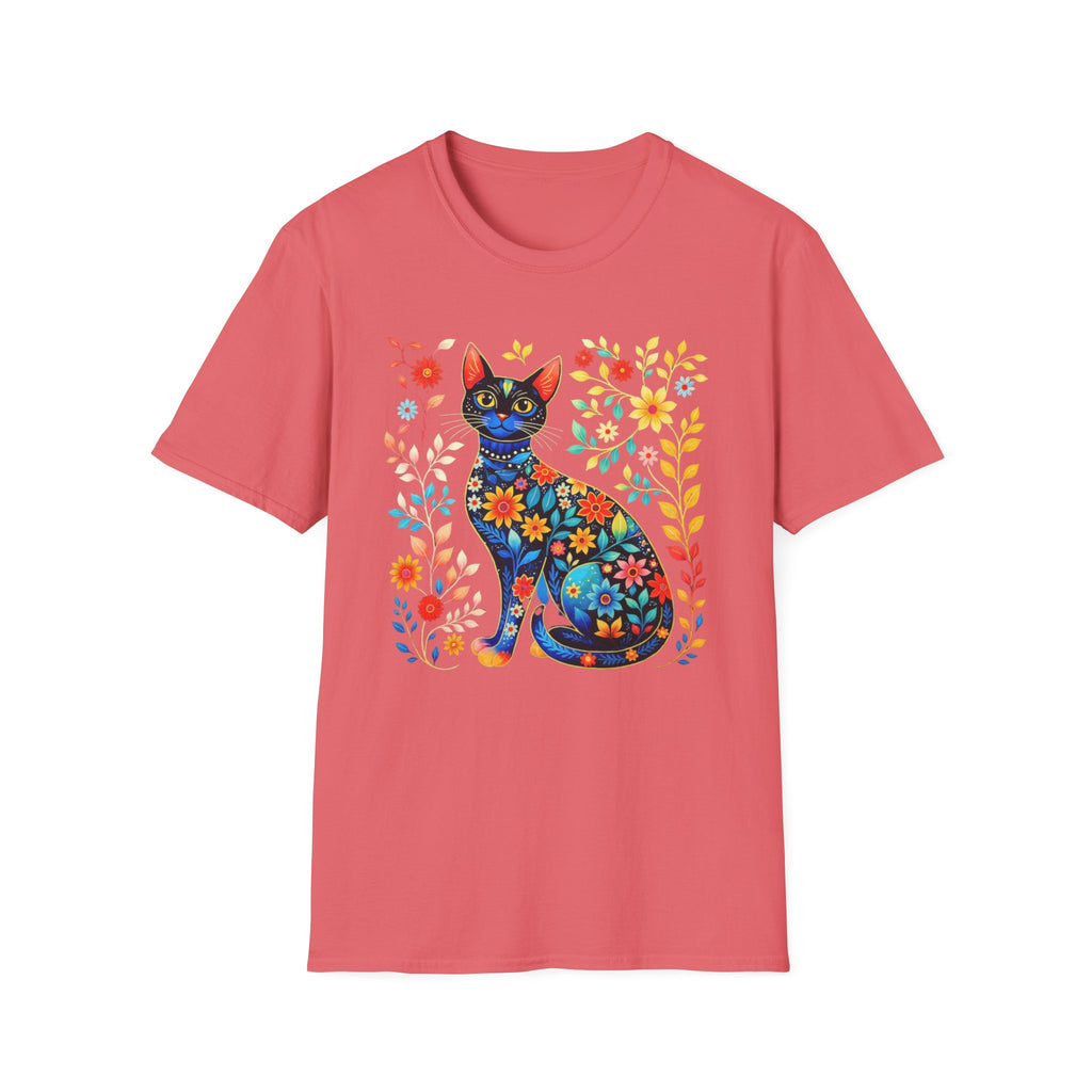 Floral Folk Art Cat T-Shirt — Colorful Boho Cat Tee
