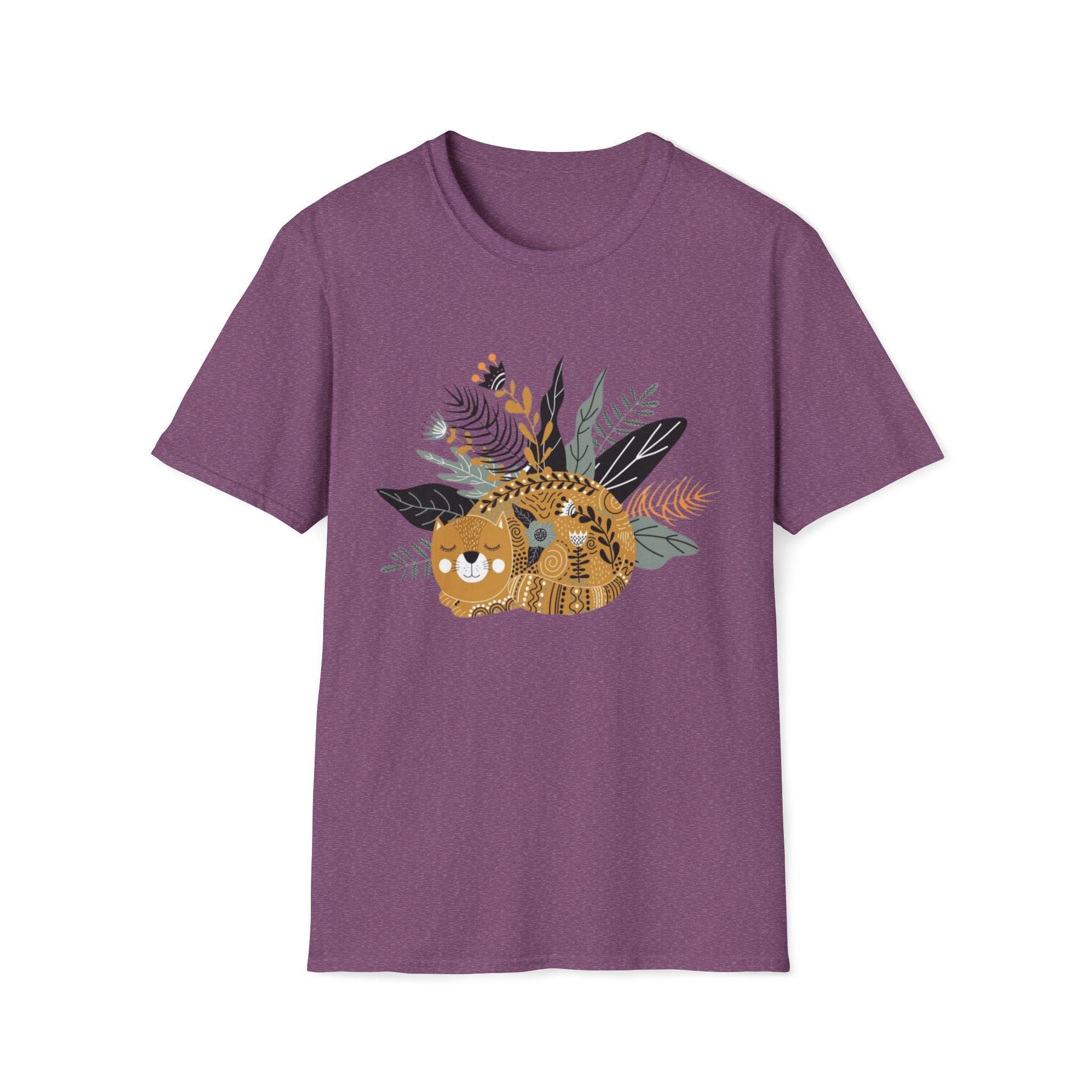 Cat Floral Tee — Cozy Patterned Cat with Botanical Leaves T-Shirt