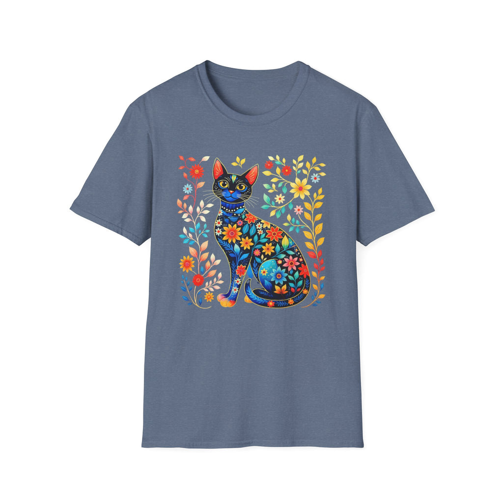 Floral Folk Art Cat T-Shirt — Colorful Boho Cat Tee