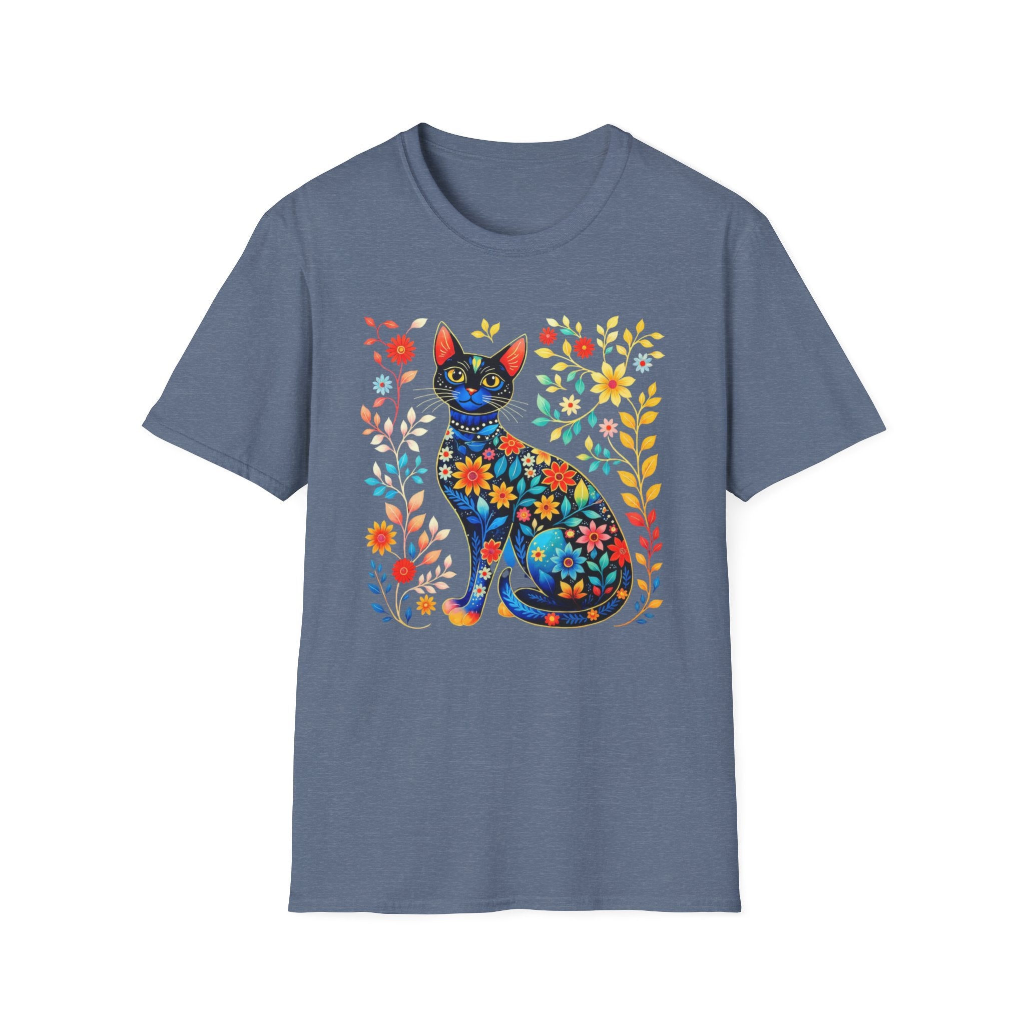Floral Folk Art Cat T-Shirt — Colorful Boho Cat Tee