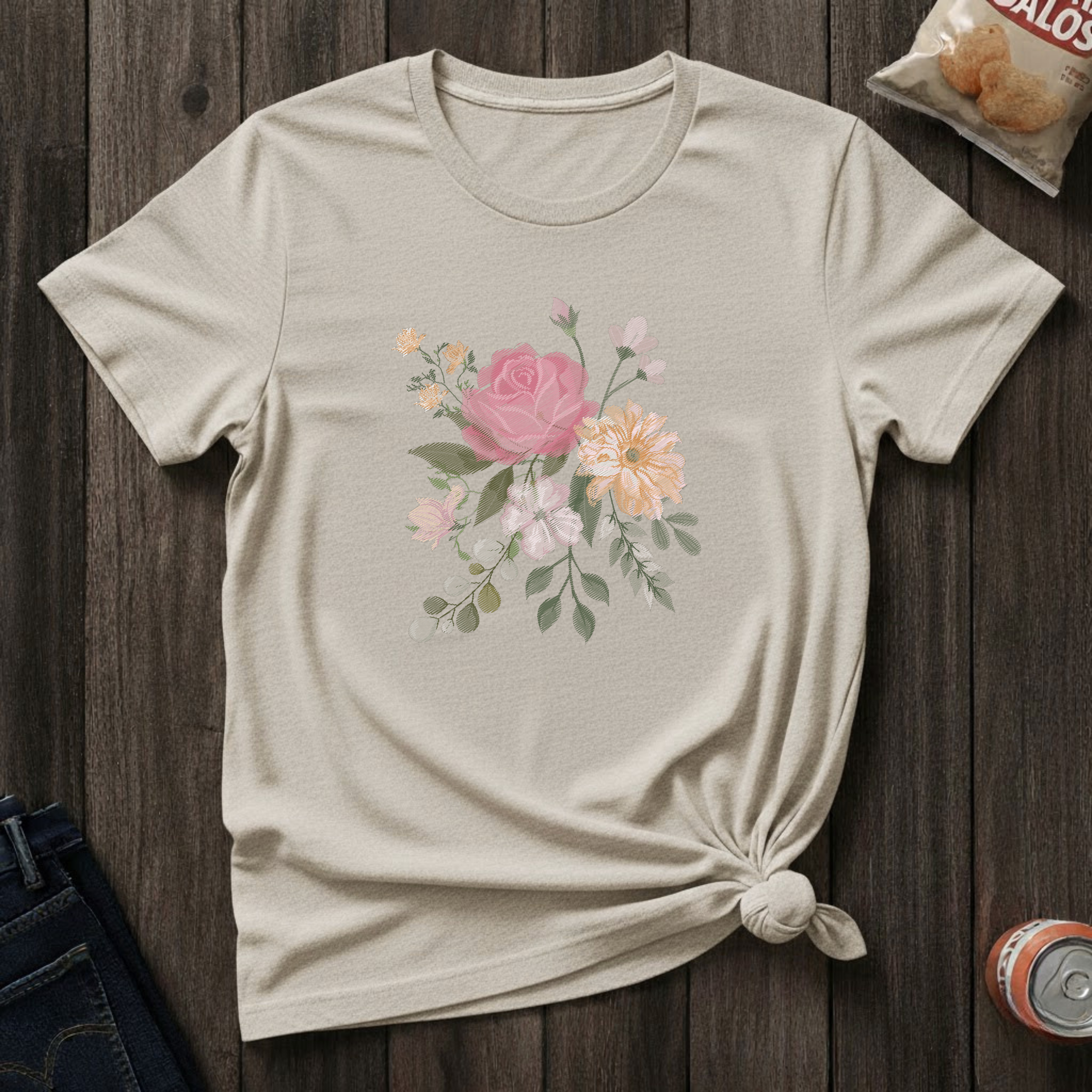 Floral Watercolor Bouquet T-Shirt — Soft Vintage Rose Graphic Tee