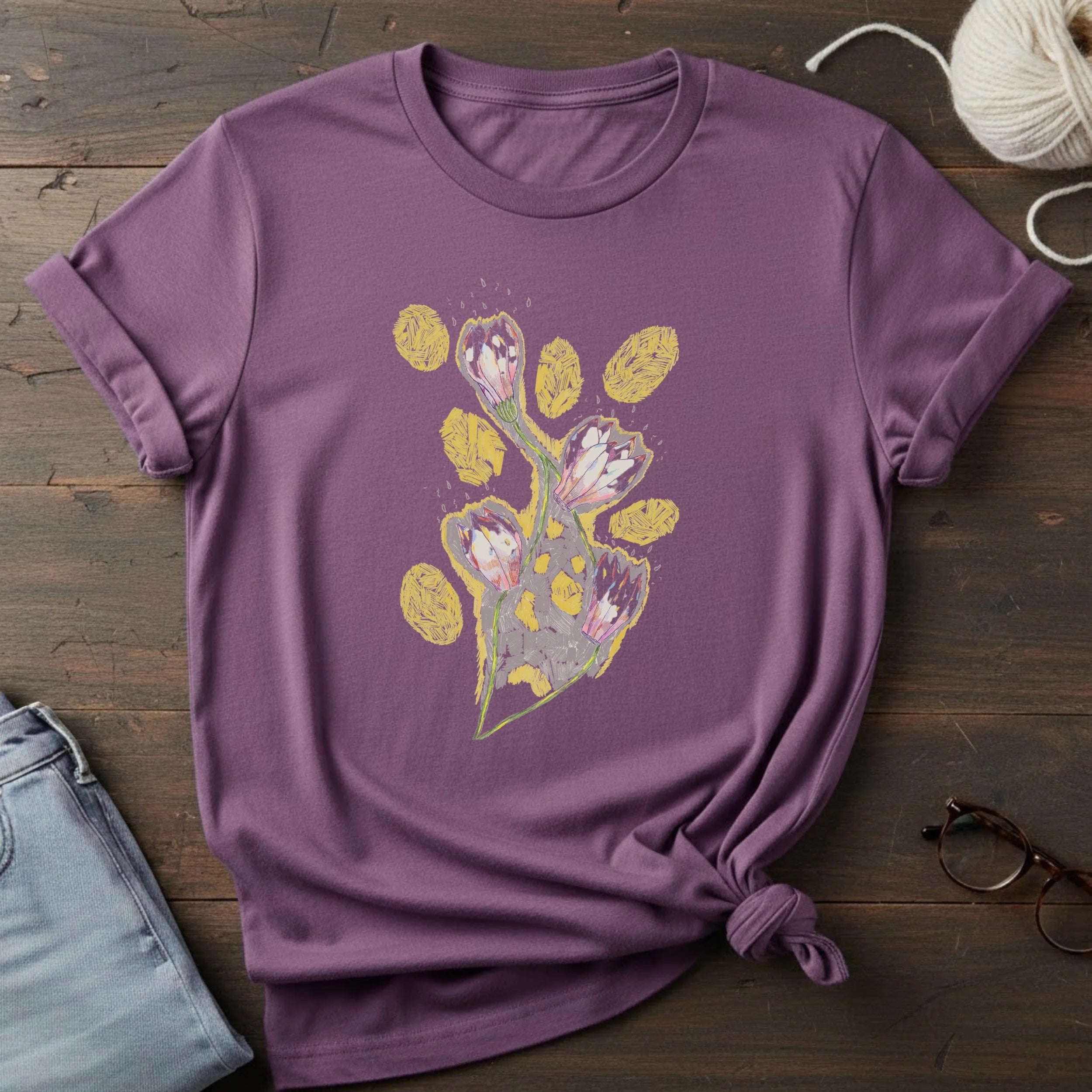 Floral Bouquet Tee — Pastel Tulip & Gold Leaf Graphic T-Shirt