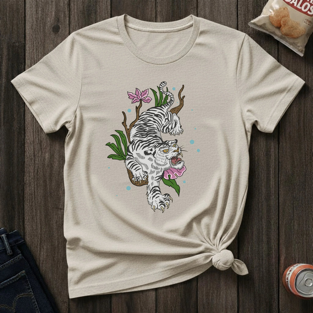White T-Shirt with Floral White Tiger Illustration